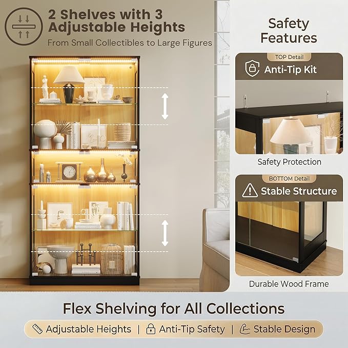 Display Cabinet with Glass Doors & LED Lights, 5 Tier Lighted Display Case