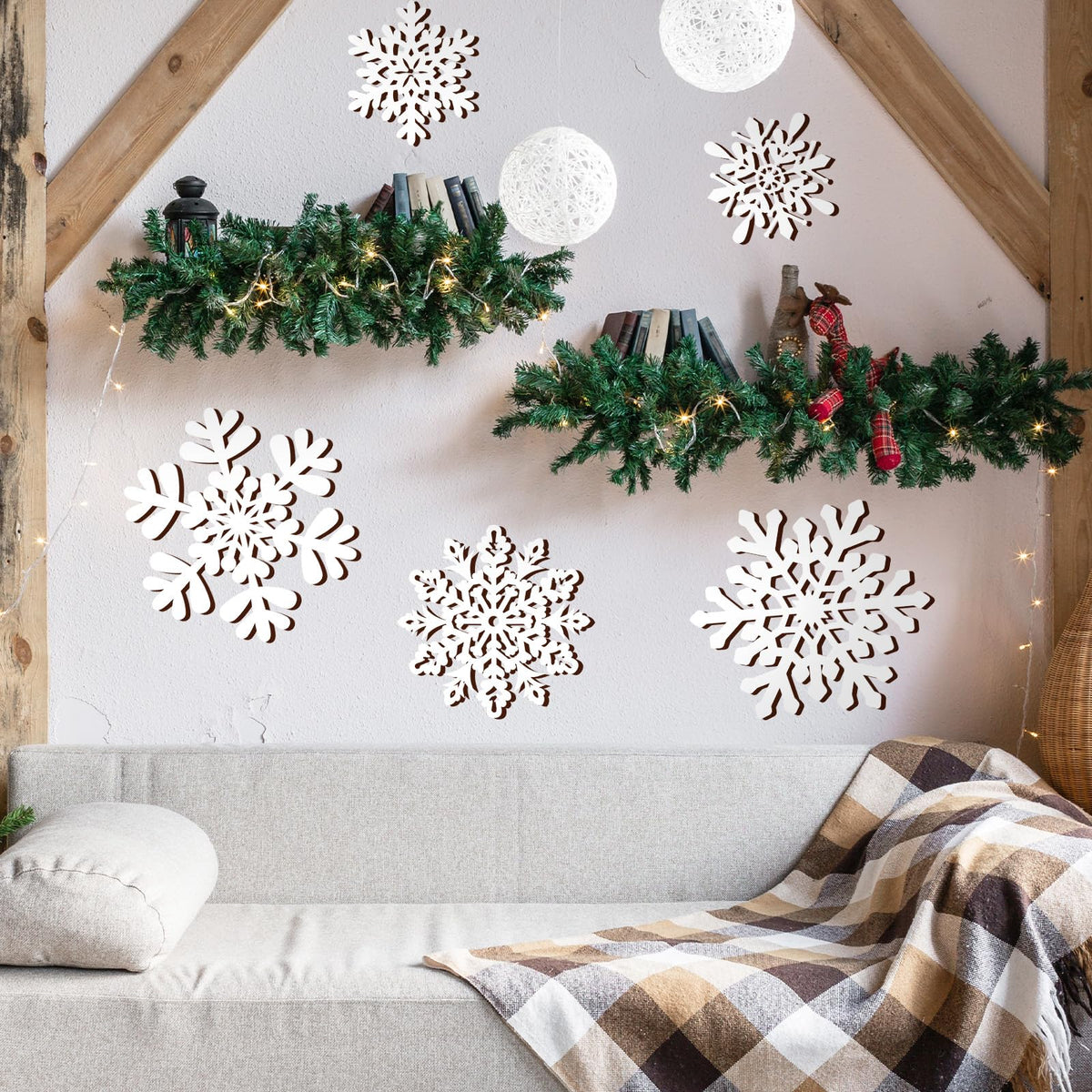 Whaline 6 Pcs Christmas Snowflake Wooden Wall Decor White Snowflake Shaped Wood Wall Art Sign with Hook for Home Farmhouse Xmas Winter Hanging Ornament