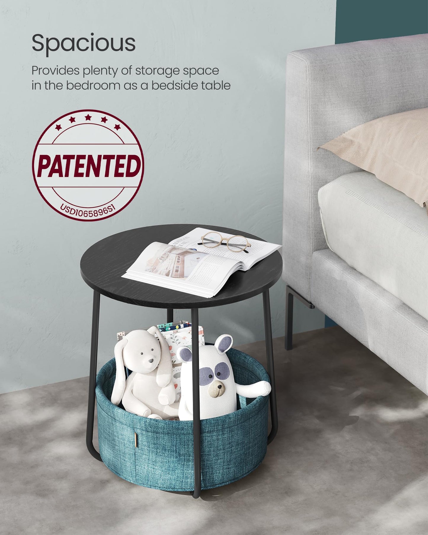 VASAGLE LILEA Collection - Small Round Side End Table, Modern Nightstand with Fabric Basket, Ebony Black and Turquoise Blue ULET223B56