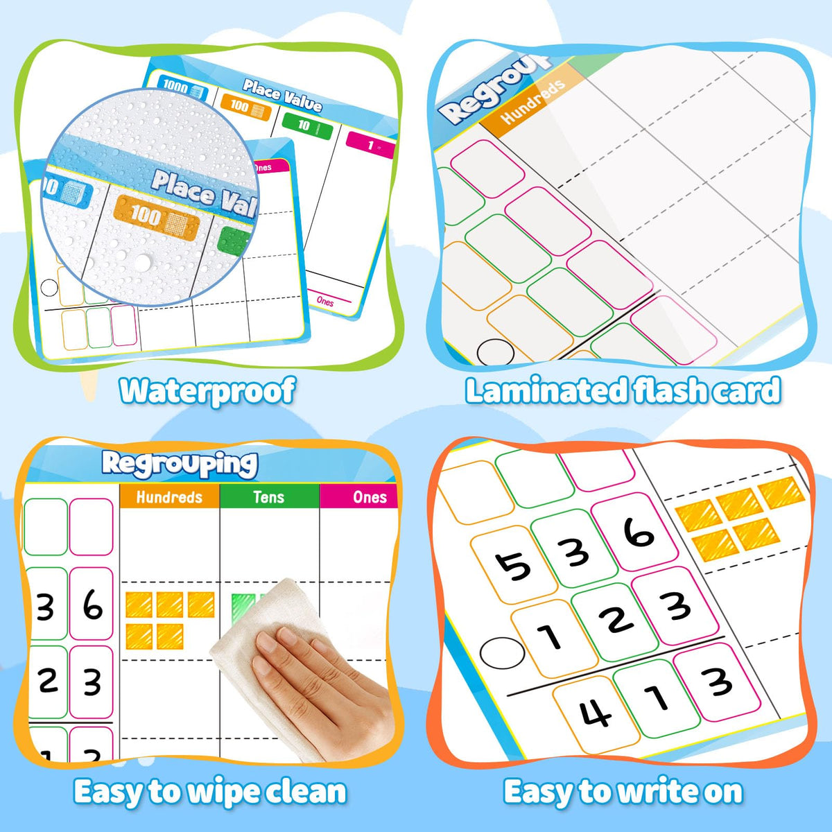 PraxiKidy 12 Pack Place Value Dry Erase Flash Cards Chart, 9" x 12" Base Ten Addition and Subtraction Math Manipulatives 1st 2nd 3rd Grade Classroom Must Haves Teacher Homeschool Supplies Essential
