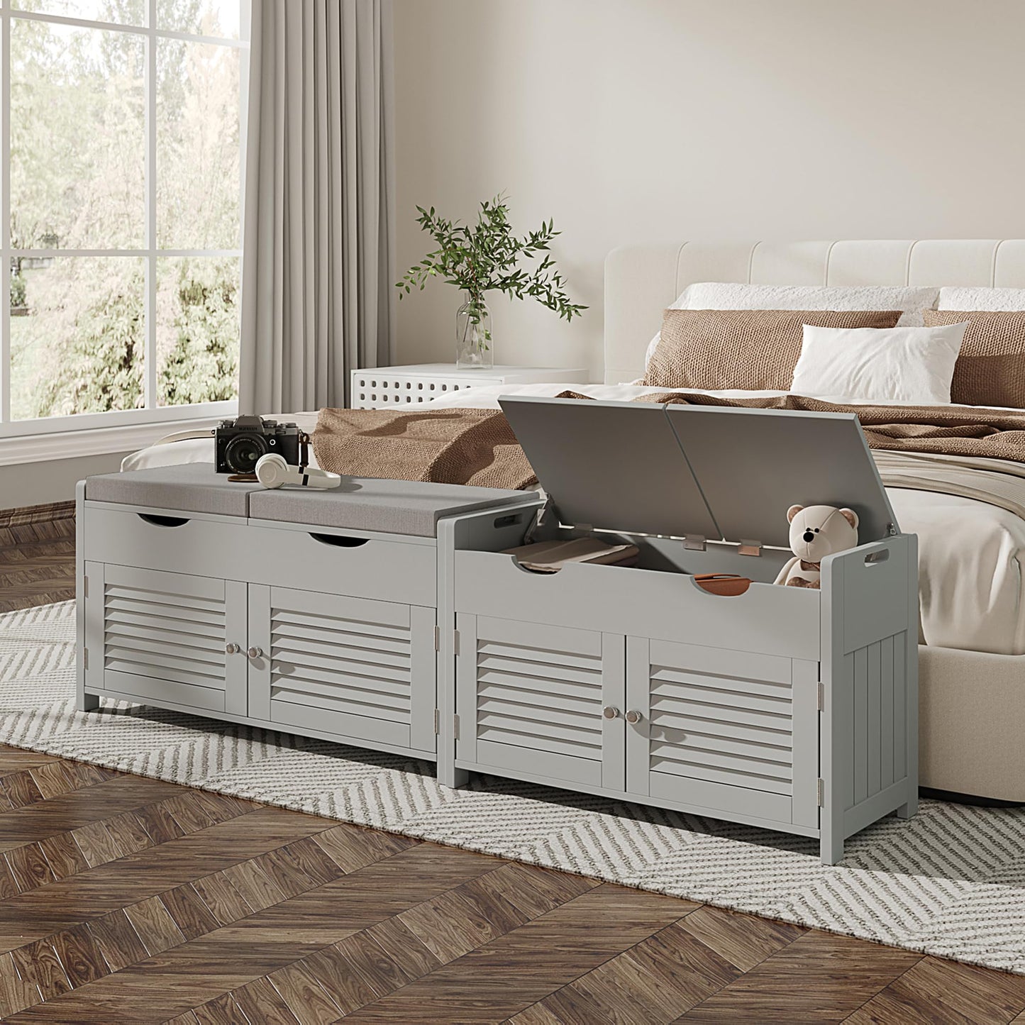 ChooChoo Shoe Storage Bench with Lift Top Storage, Entryway Bench with 2 Cushioned Seats, 3 Compartments, Adjustable Shelf, Shoe Cabinet for Entryway, Bedroom, Living Room, Grey