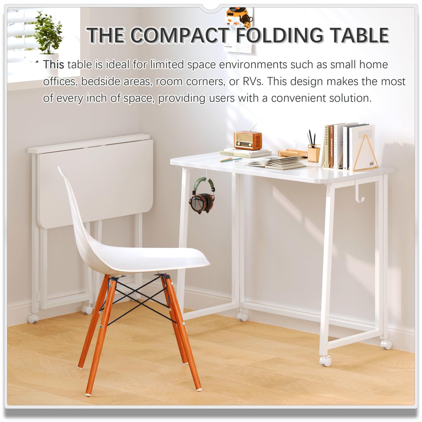 4NM 31.5" Mobile Small Folding Desk, Foldable Rolling Computer Home Office Desk, Study Writing Table for Small Space Saving Bedroom, with Wheels - All White