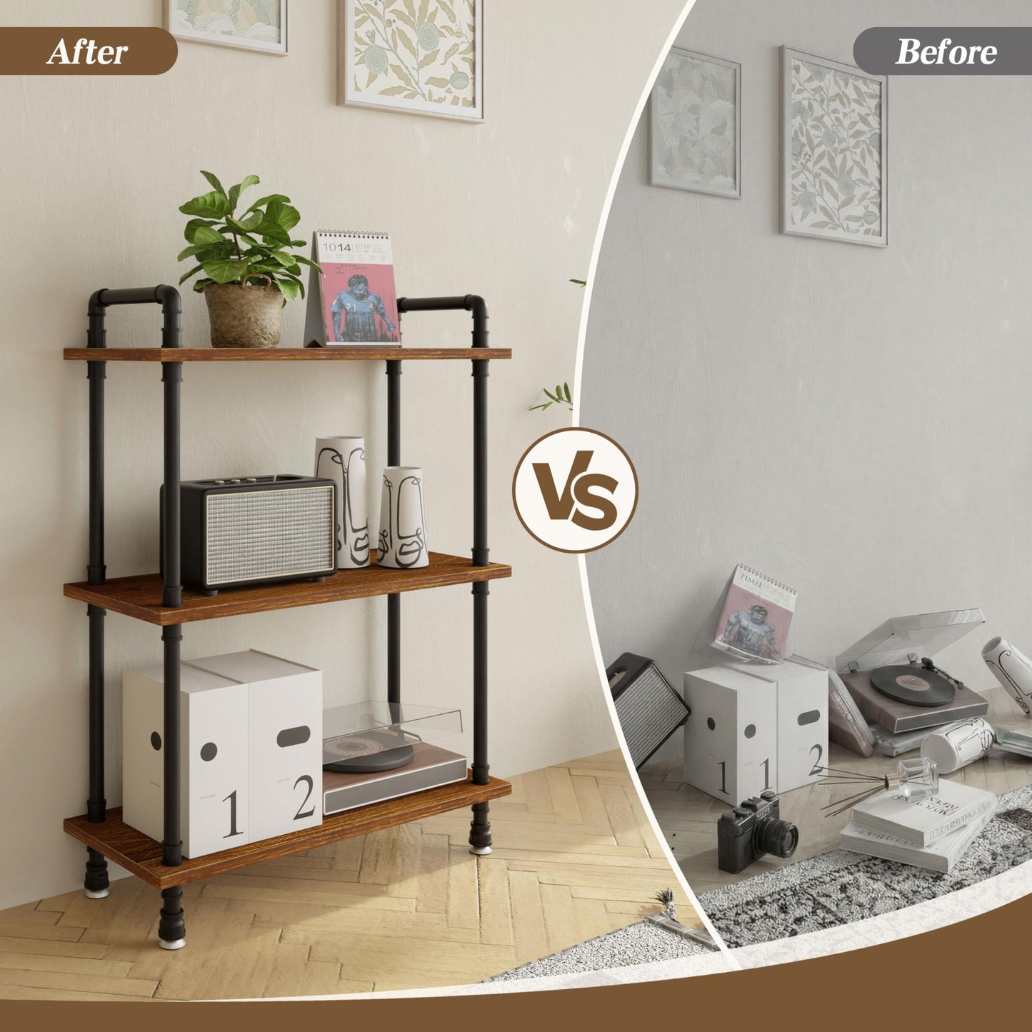 Anynice Industrial Bookshelf, Rustic Open Bookcase, 3 Tier Wood and Metal Bookshelves, Solid Pine Wood and Iron Pipe Storage Shelf Narrow Small Space Organizer for Living Room Office Bedroom Kitchen