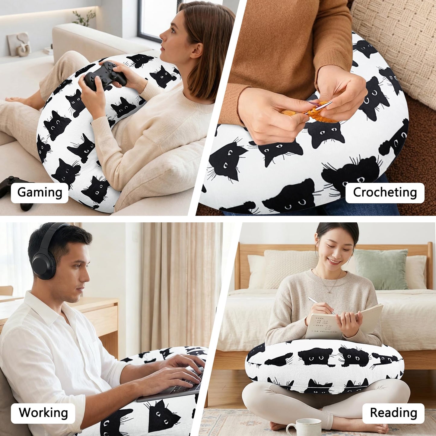 Crafting Pillow for Crocheting, Crochet Pillow for Lap Support, 12 Fun Print Styles, Ergonomic Arm Support, For Bed, Floor, Chair Comfort, Pain Relief and Fatigue for Gaming and Woking (Cat)