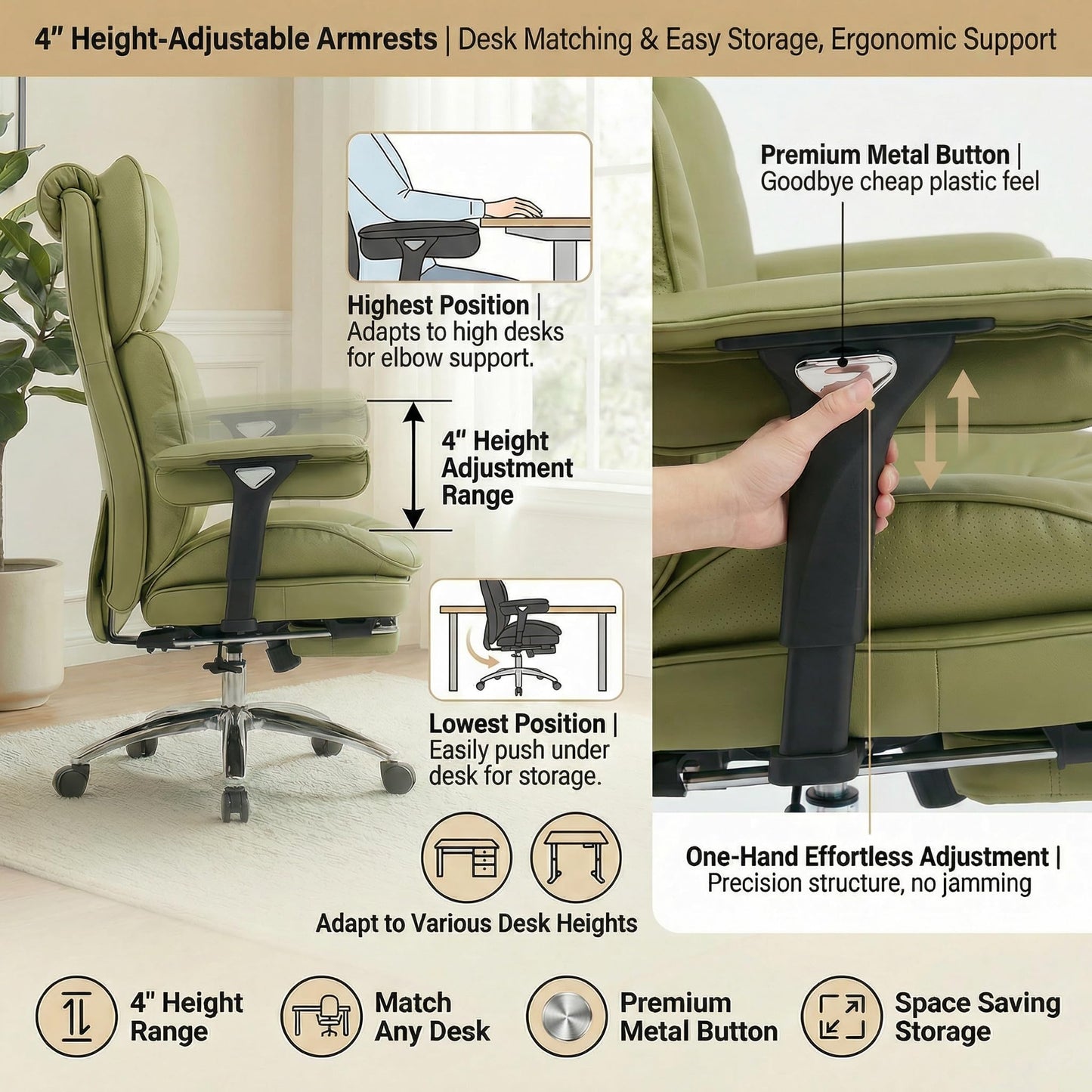 ATMILD Big and Tall Office Chair, 400lbs Heavy Duty Wide Seat Executive Chair with Footrest, High Back Leather Computer Desk Chair for Home Office (Green)