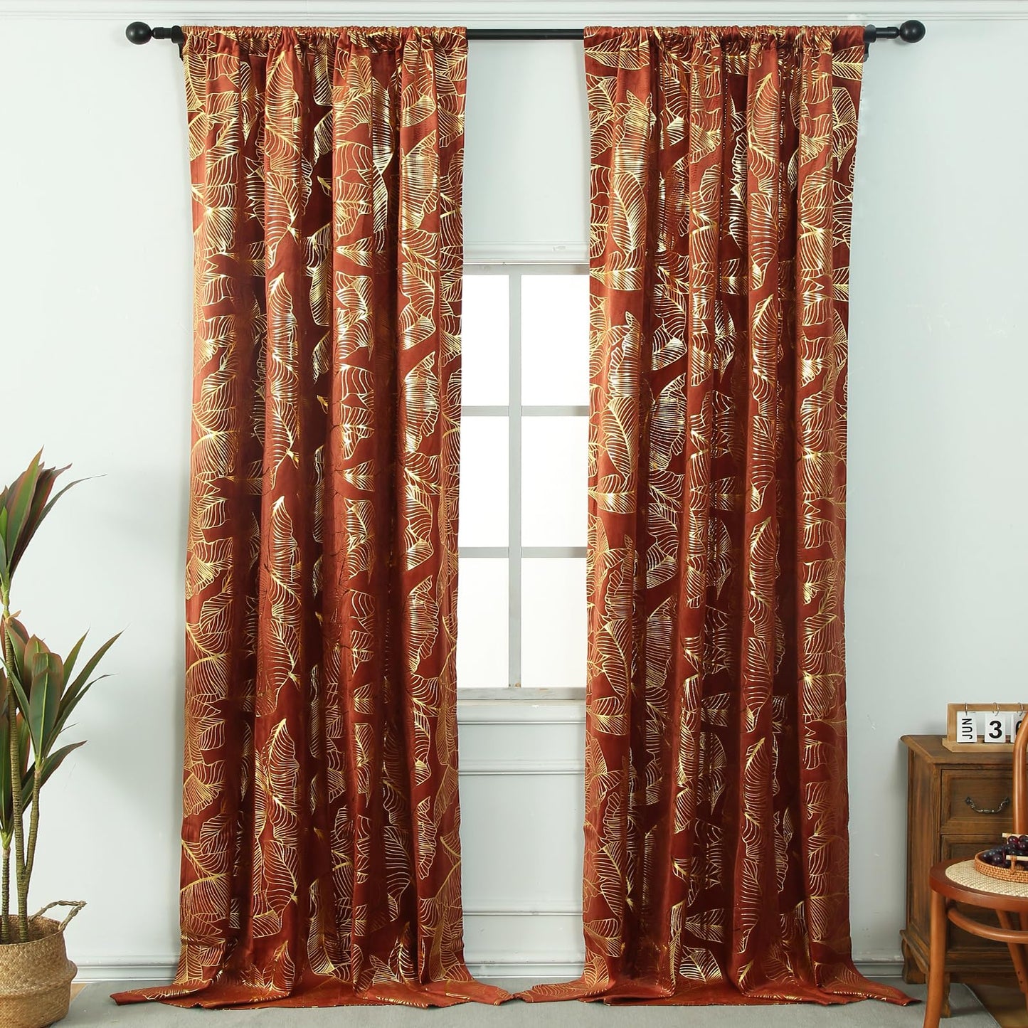 Tootop Burnt Orange Velvet Curtains Leaf Gold Foil Print 63" Long Soft Shiny Thick Fabric Insulated Blackout 70% Decorative Luxury Living Room Elegant Bedroom Rod Pocket 2 Panel (52" W x 63" L)