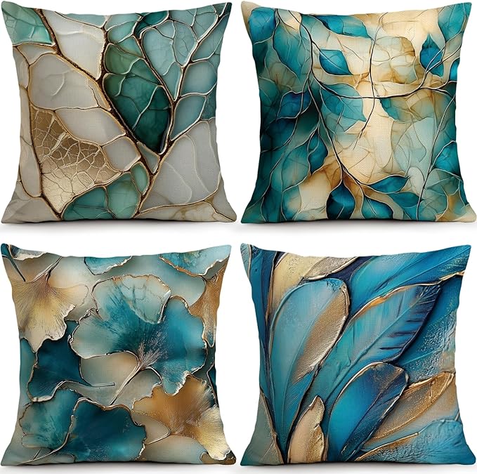 OBSEDE Teal and Gold Leaf Decorative Throw Pillow Covers 18x18 Set of 4