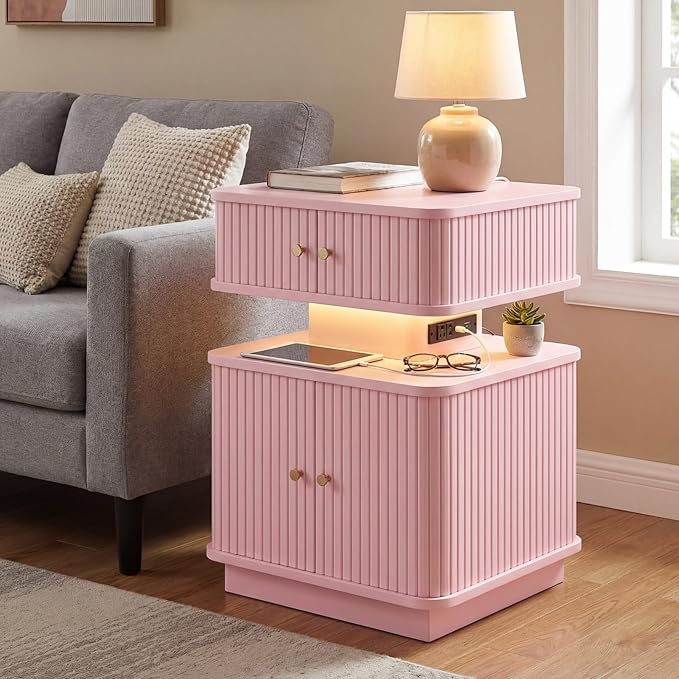 Nightstand with Charging Station, Modern Night Stand with Smart Led Light and 2
