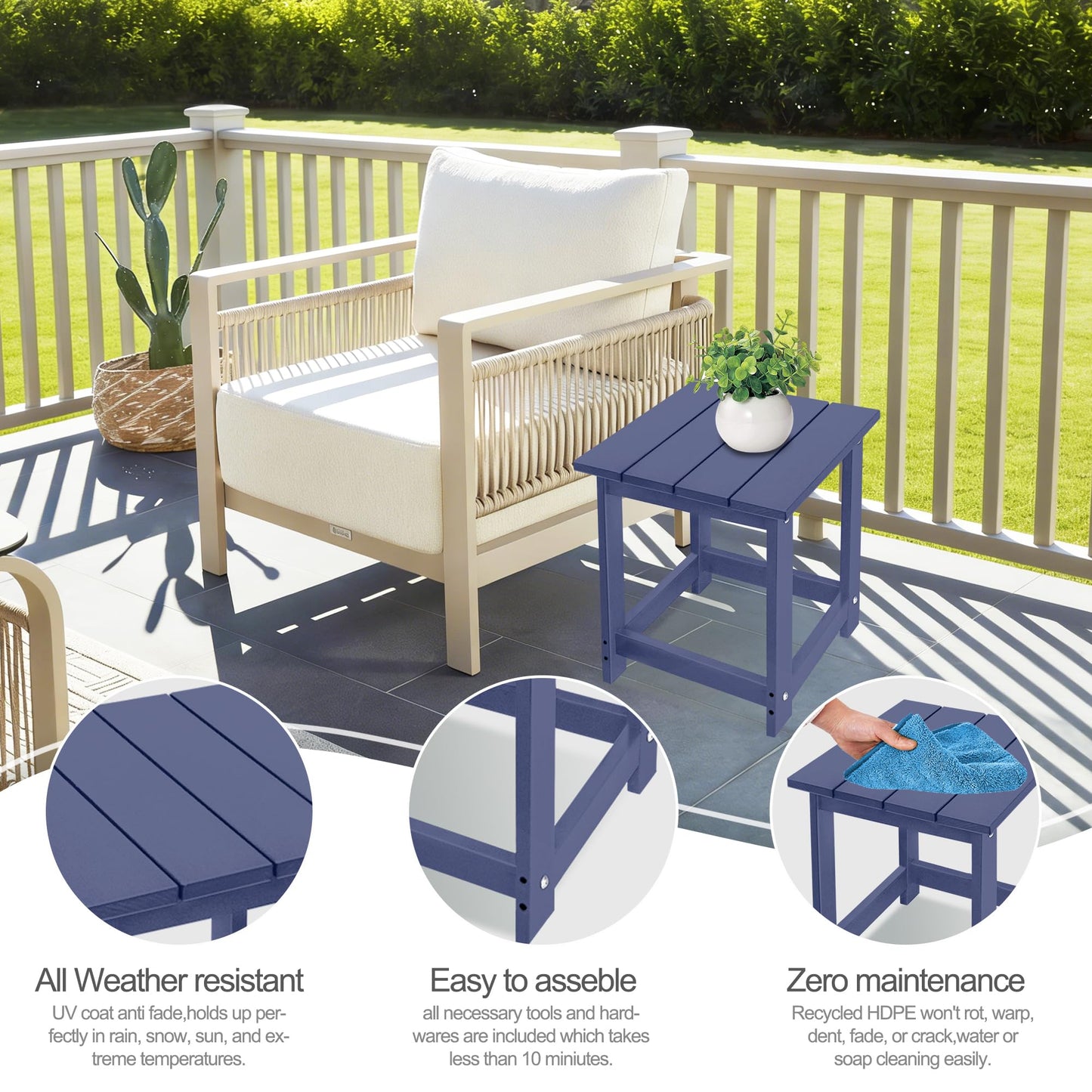 LZRS Square Patio Side Table, Heavy Duty HDPE Outdoor End Table with Wood Texture, Weatherproof Composite Table for Adirondack Chairs, Deck, Pool, Indoor/Outdoor, No Peeling or Cracking(Navy Blue)