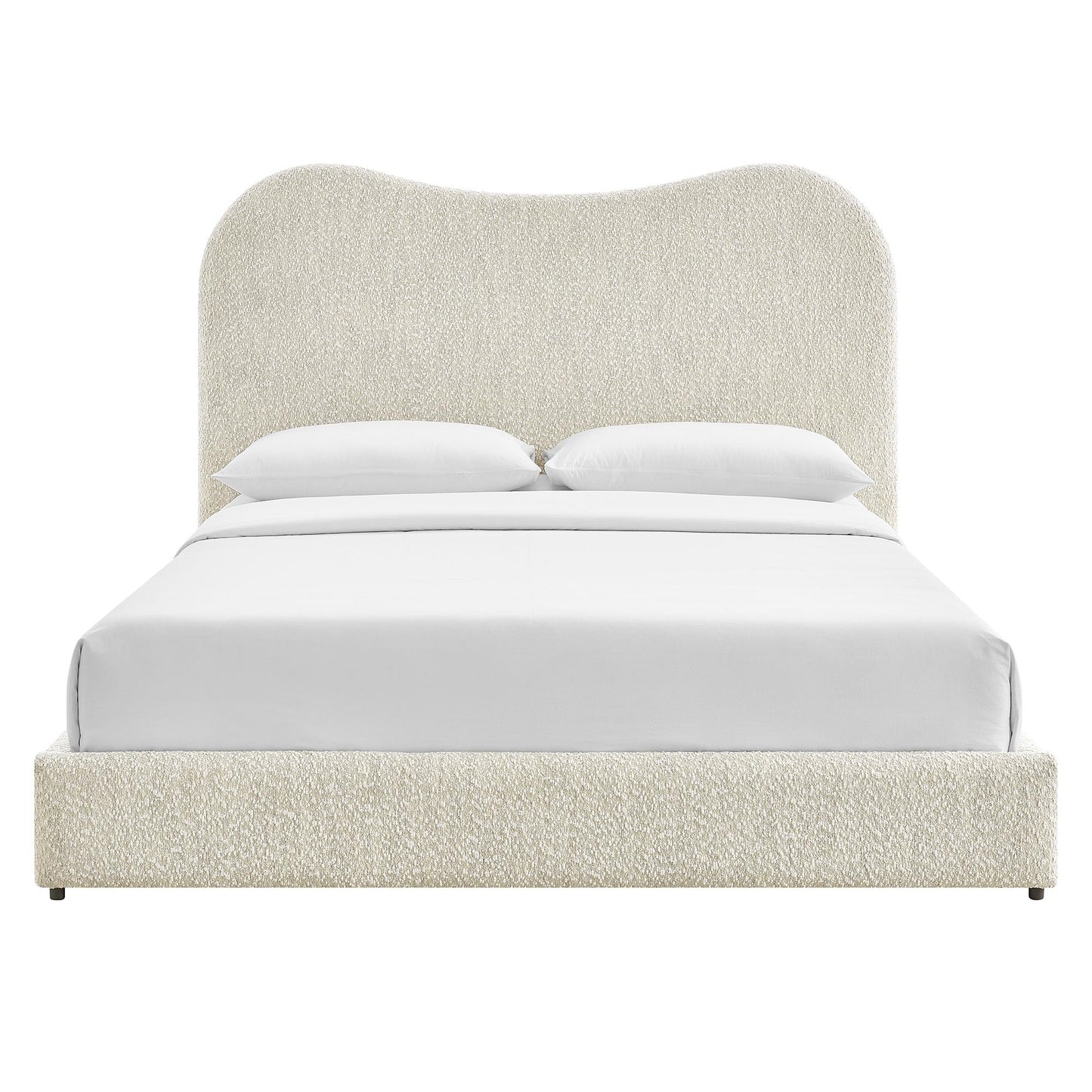 Seluna Queen Size Boucle Platform Bed in Pearl with Curved Headboard – Upholstered Queen Bed Frame with Wood Slats
