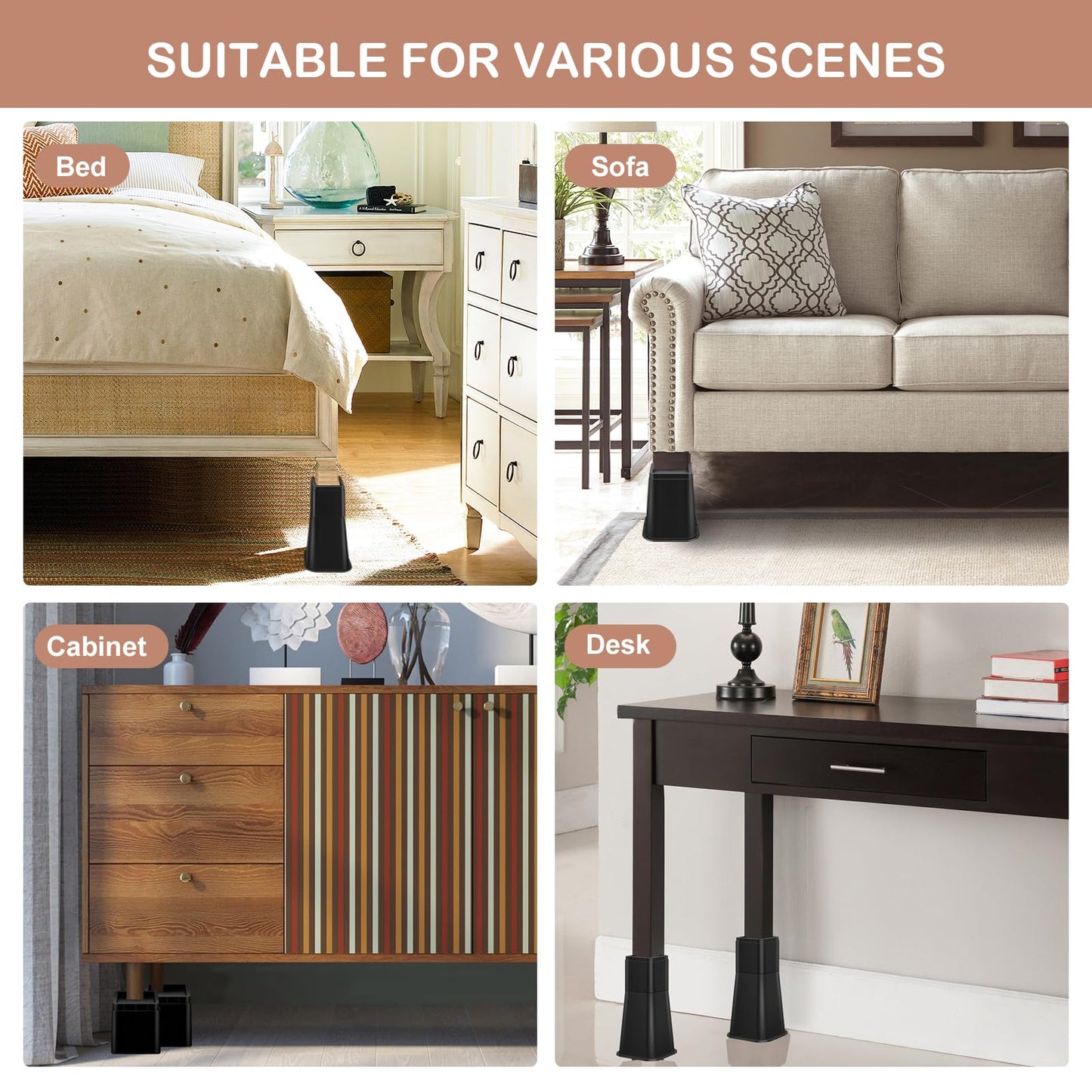 shouwuhho Bed Risers 12 Inch Heavy Duty, Furniture Risers Lifts 12" 8" 4" for Table, Desk Leg, Sofa, Couch, Adjustable Bed Frame Risers Supports Up to 6,000 Lbs, Black