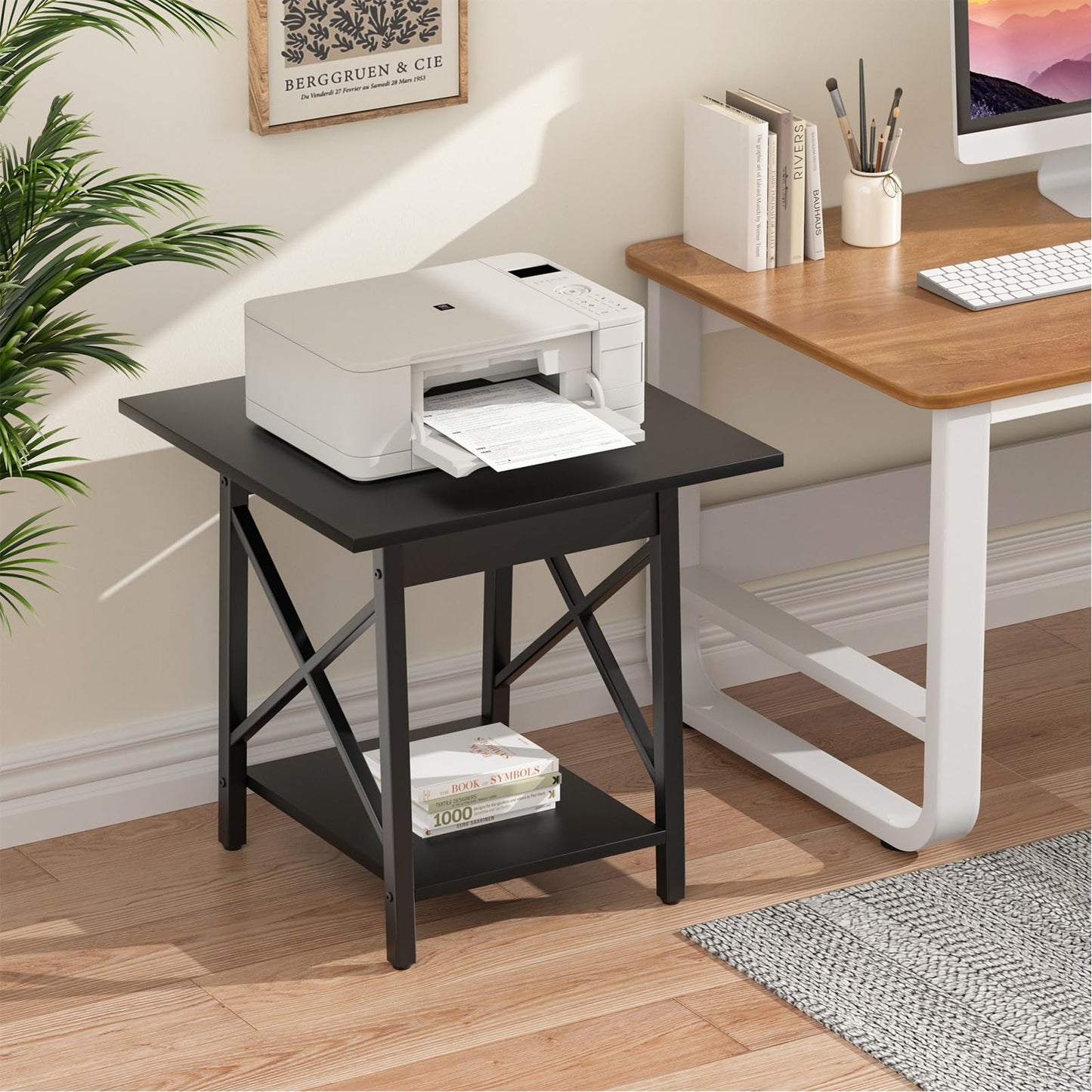 GreenForest Square End Table for Living Room, 24 Inch Large Side Table with X-Frame, Farmhouse Tall Bedside Nightstand with 2-Tier Storage Shelf, Black