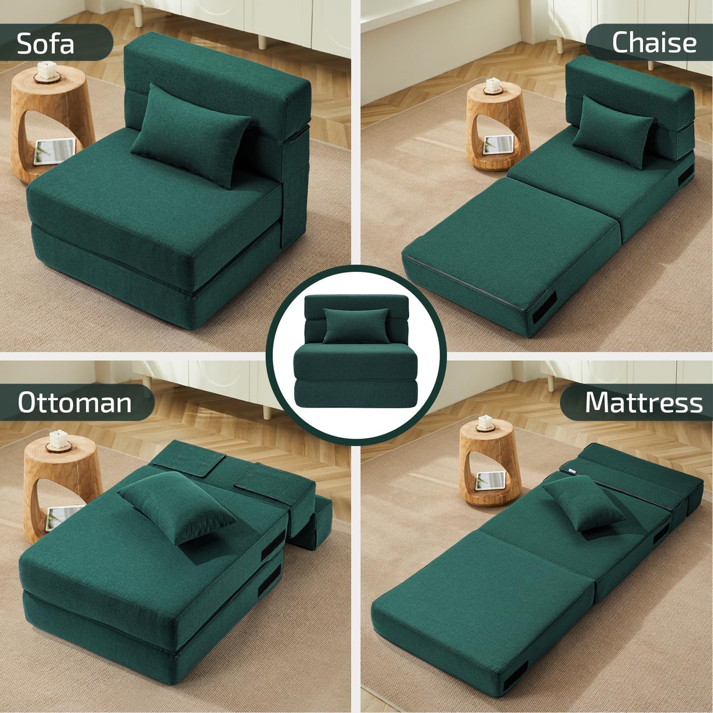 SUYOLS Folding Sofa Bed with Pillow- Convertible Chair Floor Couch & Sleeping Mattress, Foldable Memory Foam Sleeper for Living Room/Dorm/Guest Room/Home Office/Apartment/Loft, Single26, Dark Green