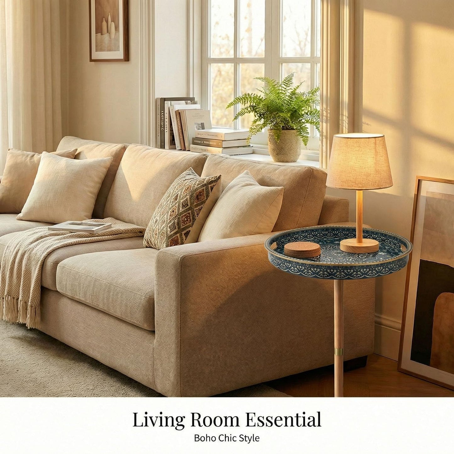 Gesodant Boho Single Leg Round Side Table with Tray Top, Pedestal Drink Table for Small Spaces, Aesthetic Accent Nightstand for Living Room, Bedroom, Corners, and Office (Yellow Leg Blue Maze)
