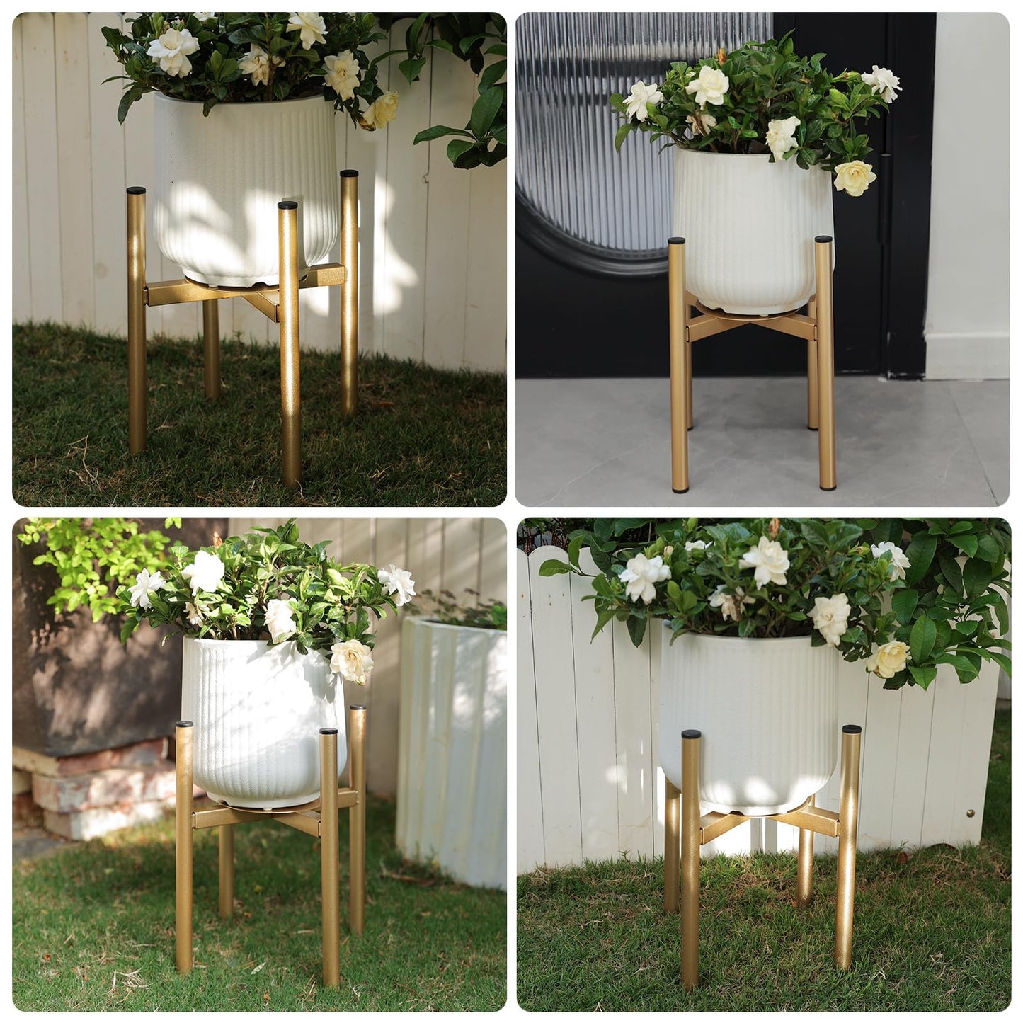 Rioneta Adjustable Metal Plant Stand Indoor, Fits 8-14 Inch Pots, Mid Century Modern Gold Planter Holder,2 Heights, Heavy Duty 160 lb, Indoor Outdoor Corner Floor Pot Stand, Golden