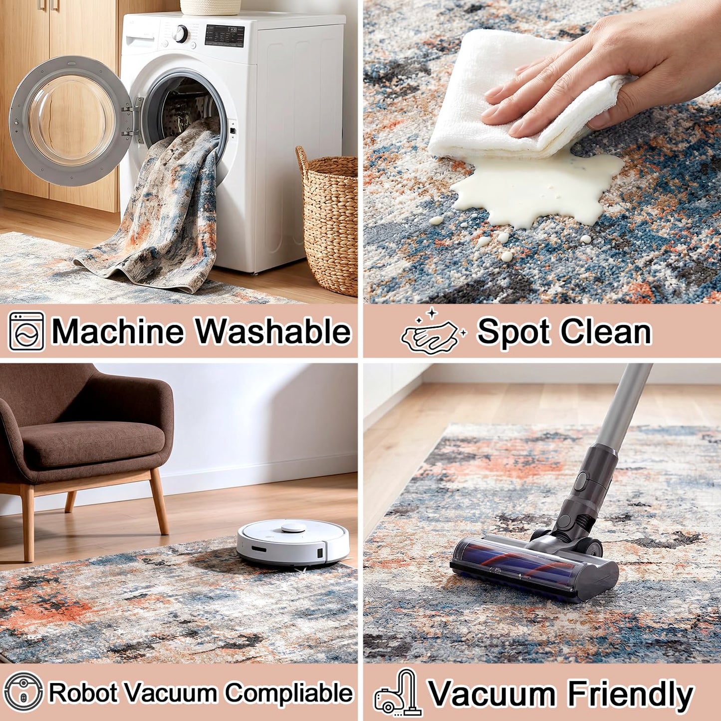 Cnythlis Low Pile Area Rug for Home Office Under Desk, Washable Abstract Carpet Robot Vacuum Compatible 0.3 Inch Cotton-Backed Non-Slip Silicone Grip Dining Room Mat, Terracotta Blue, 5'x7'