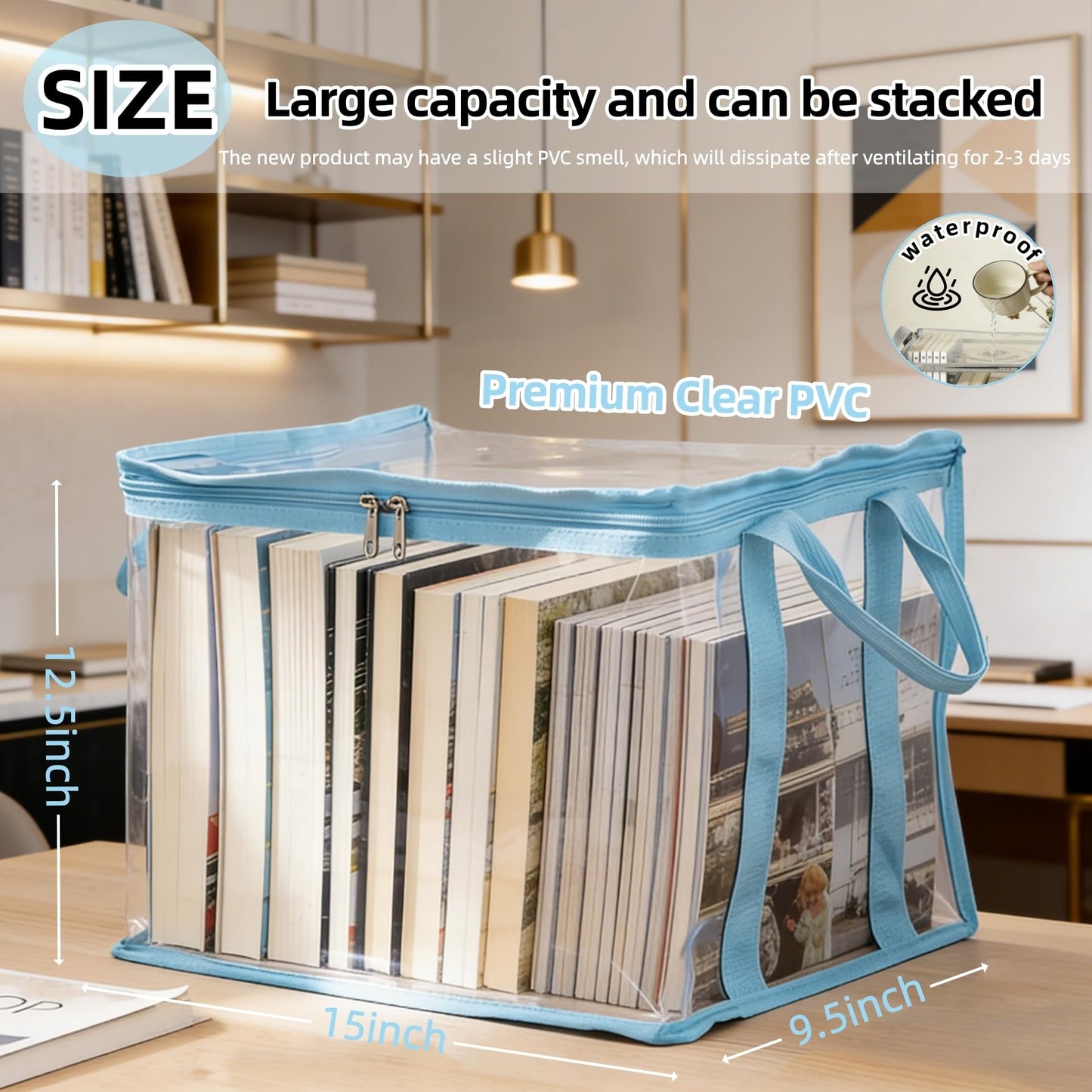Clear Book Storage Bag with Reinforced Handles - Heavy Duty Plastic Comic Book Organizer & DVD Storage Bin - Collapsible Media Tote with Zipper Lid for Books, Journals and Albums - 15" x 9.5" x 12.5"
