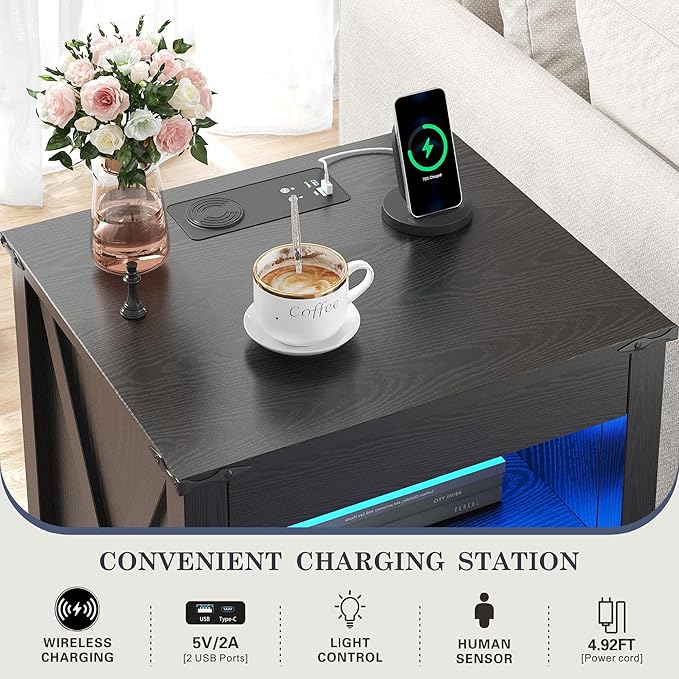 HWB LED Nightstand with Gun Drawer: Bedside Table with Charging Station