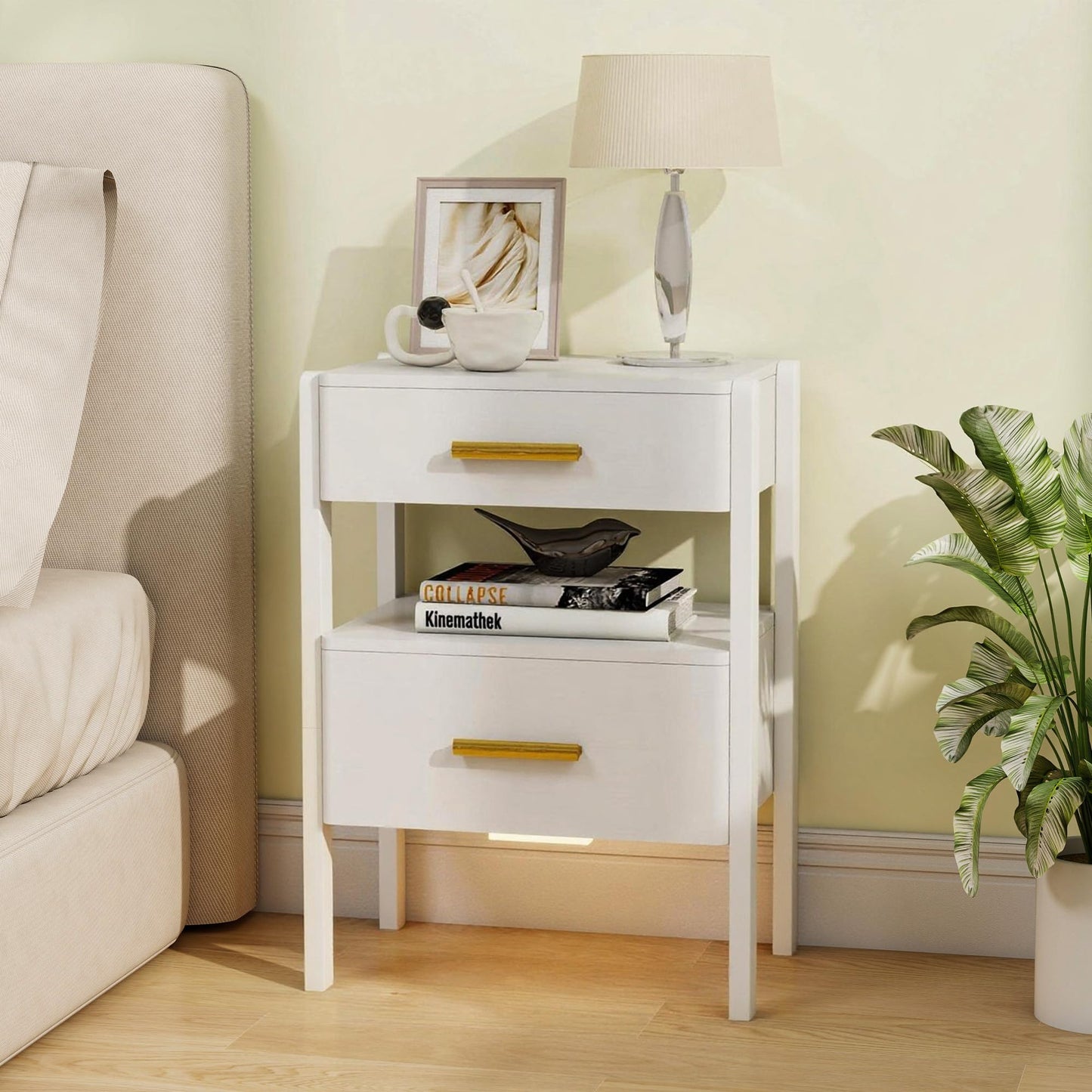 Tltaroni Nightstand with 2 Drawers and Open Shelf Wooden Bedside Table Gold Handles Modern Storage Night Stand Sensor Light for Bedroom, White