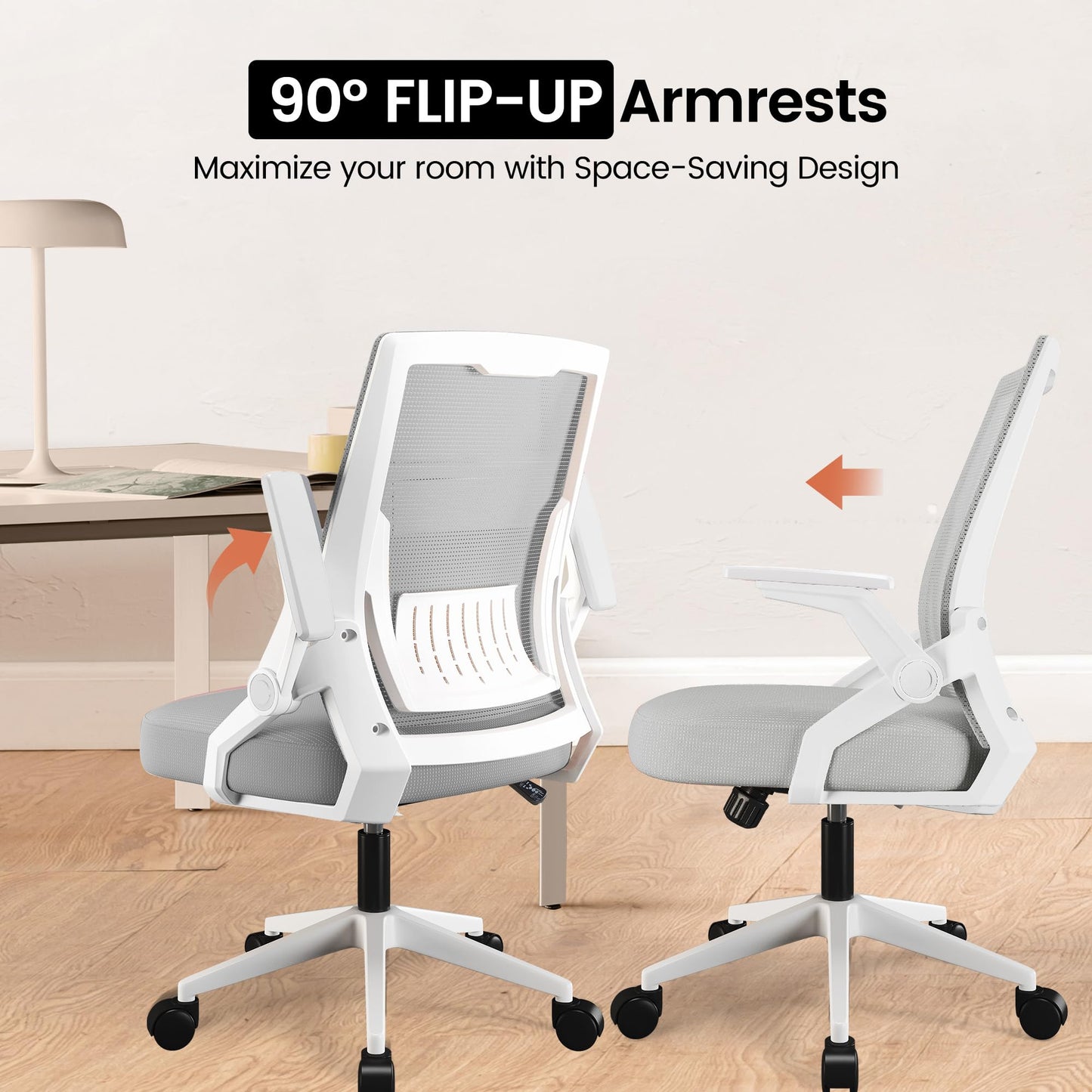 GTPOFFICE Ergonomic Office Chair, Computer Desk Chair Comfy with Adjustable Lumbar Support, Mid-Back Mesh Office Chair with Flip-up Armrest, Tilt Function Task Chair for Home, Bedroom, Gaming