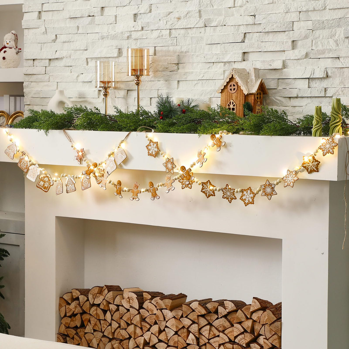 Youyole 3 Pcs Wooden Gingerbread Garland Banner LED Christmas Wooden Bead Gingerbread Man House Snowflake Decoration 5.9 ft Rustic Hanging Banner for Mantel Fireplace Holiday Room Wall Decoration