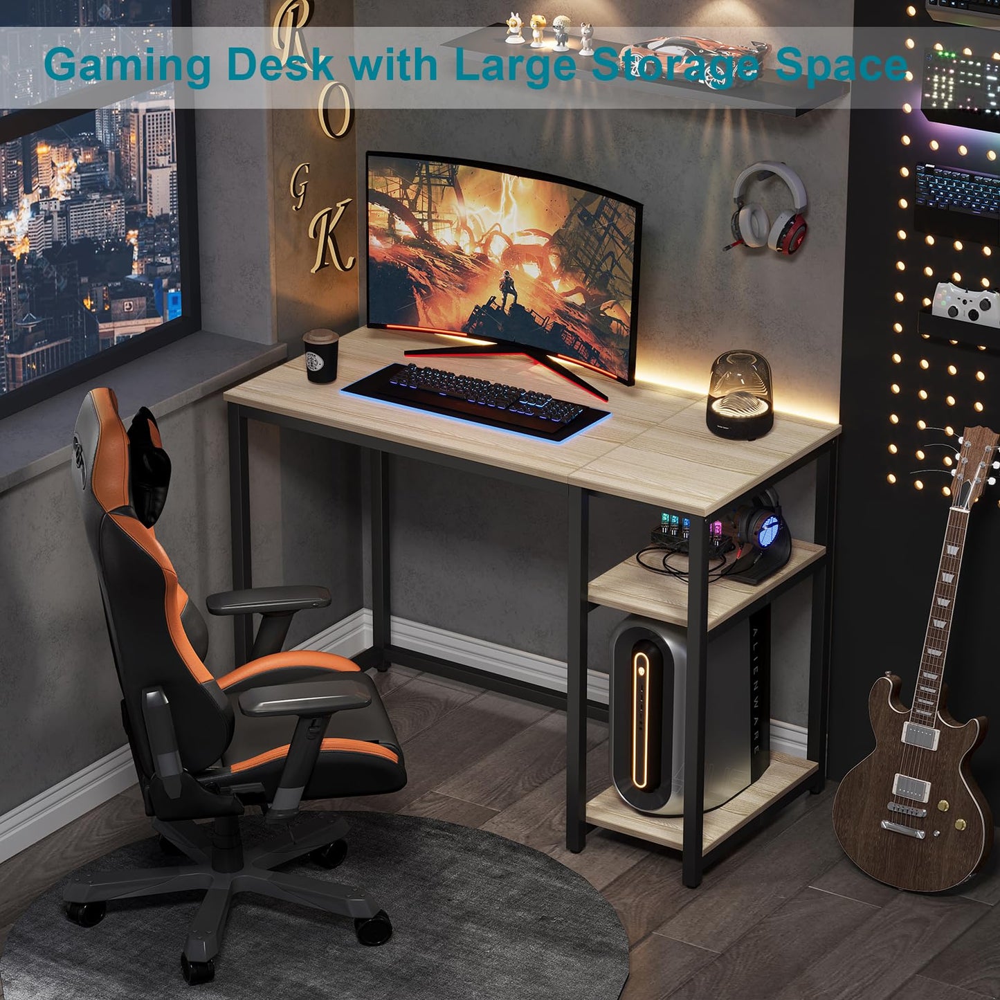 SINPAID 40'' Oak Computer Desk with Shelves, Sturdy Light Wood Desks with Storage Space, Modern Gaming Desk Study Writing Laptop Table, Beige