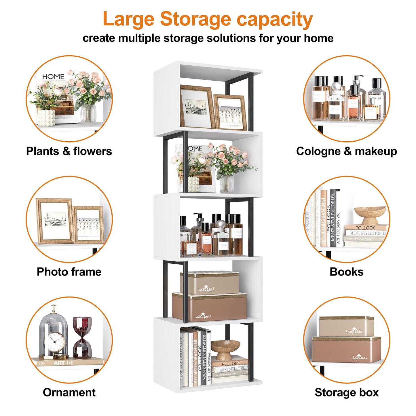 Yusong Bookshelf 5-Tier, Geometric Bookcase S Shaped Book Shelves for Bedroom, Modern Wood Decorative Display Shelf Book Case for Home Office, White and Black