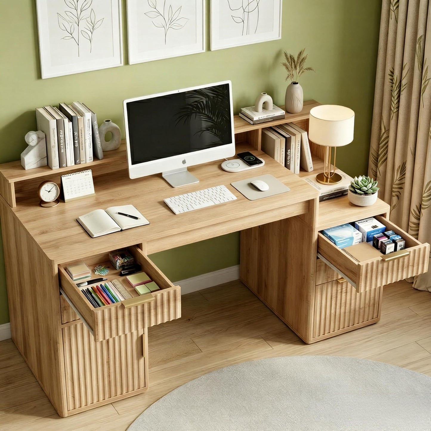 Doppeltcharms Computer Desk with Drawers and Printer Cabinet, Fluted Door Storage Home Office Desk, Space-Saving Study Writing Table with Cabinet for Bedroom and Small Spaces, Nature