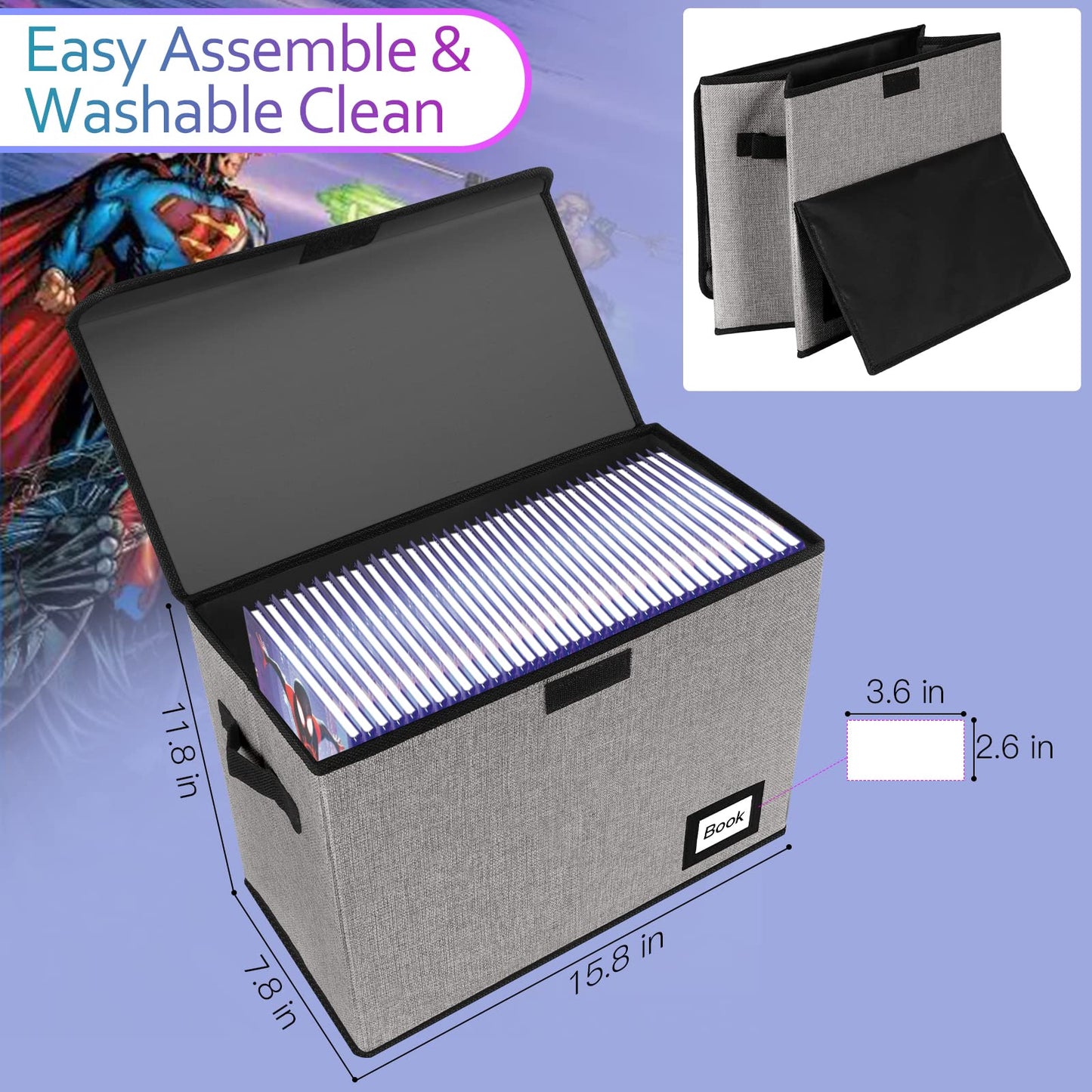YNSZAS 2 Pack Comic Book Storage Box, Protector Organizer, 15.8" X 7.8" X 11.8", Collapsible Short Box, Holds 160-180 Books, Heavy Duty Container Holder Shelf Bin (Grey)
