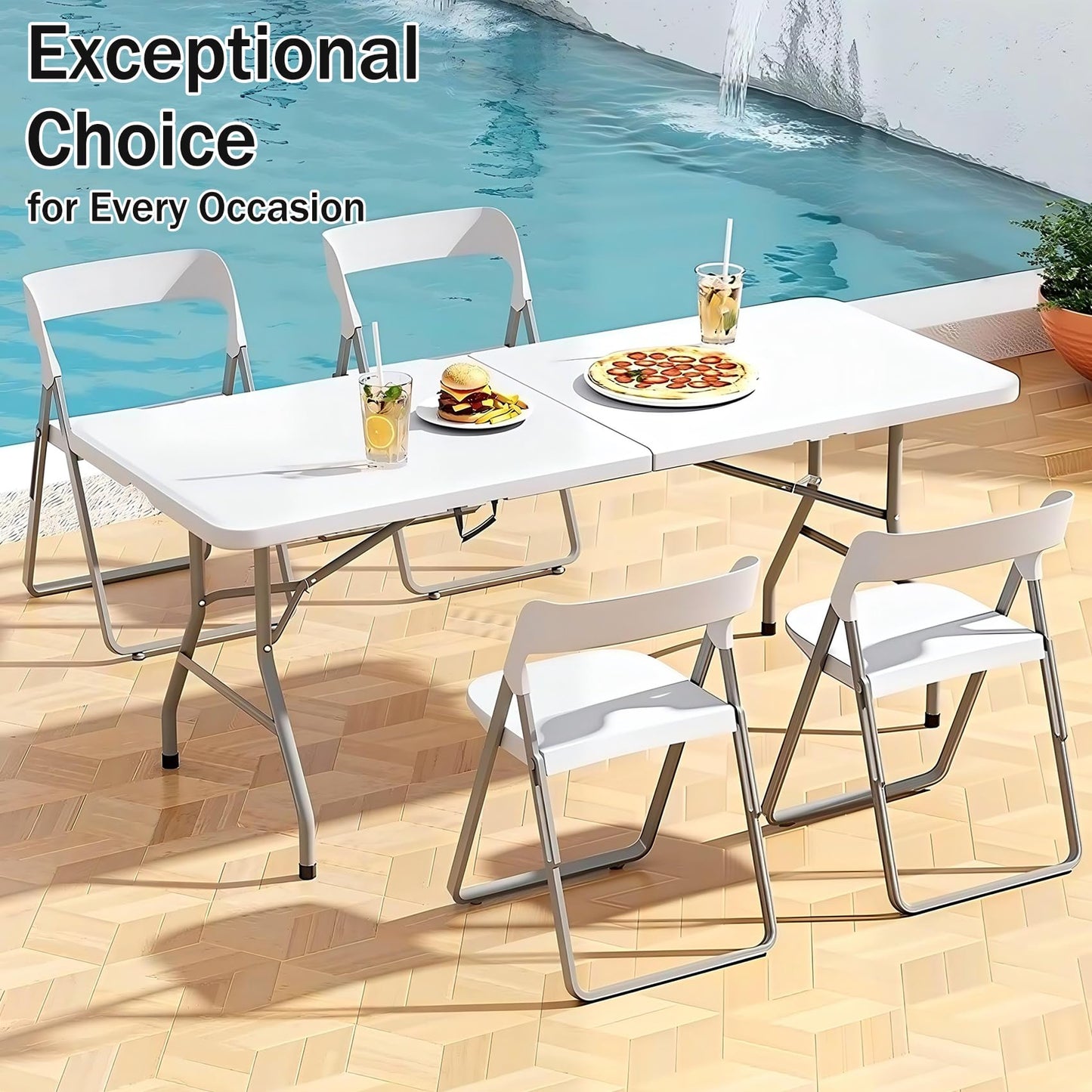1 Set 6 FT Rectangle Folding Table with Carrying Handle, Lightweight Fold-in-Half Utility Table, with Matching White Stretch Spandex Covers, Ideal for Weddings, Parties, Camping, Banquets, Crafts