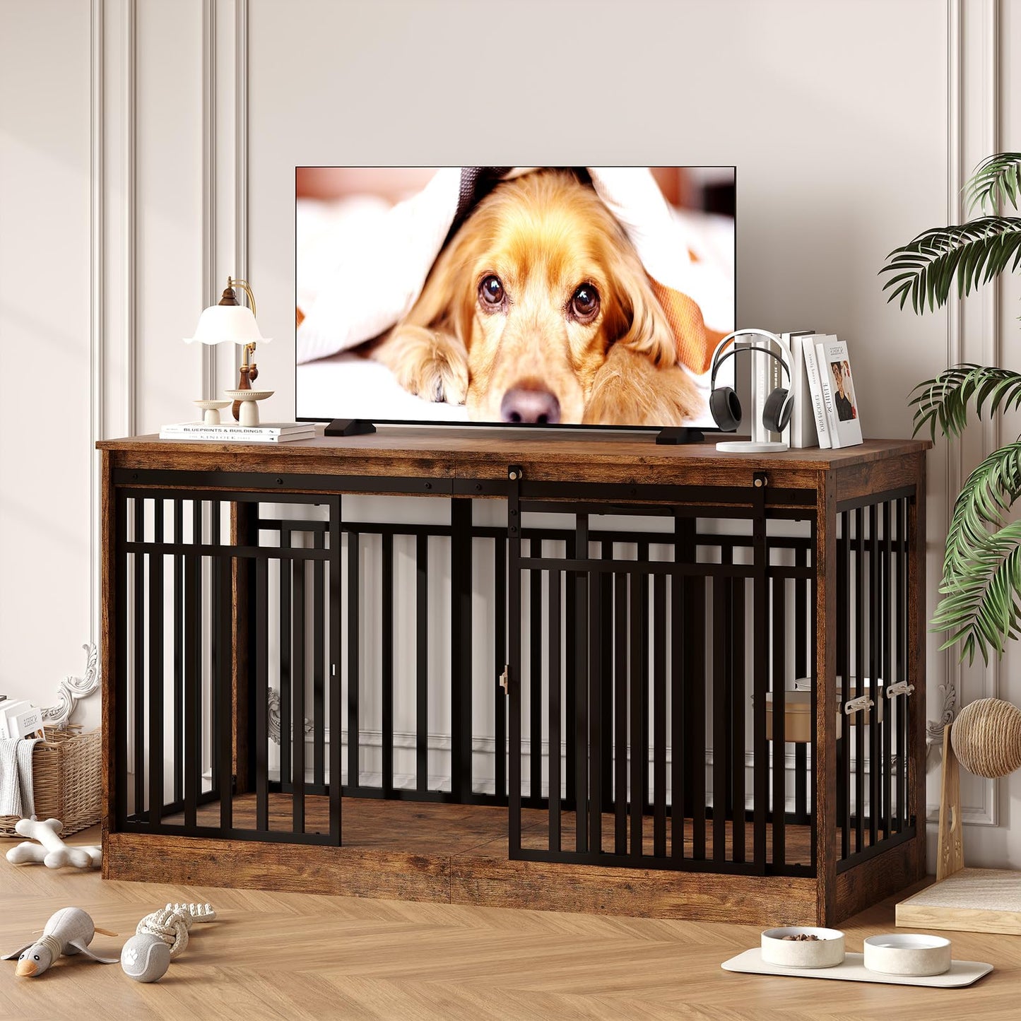 55" Large Dog Crate Furniture TV Stand - Heavy Duty Metal & Wood Dog Cage Table Kennel with Sliding Door and Food Bowl for Extra Large or Medium Dogs, Indoor Living Room Rustic Brown