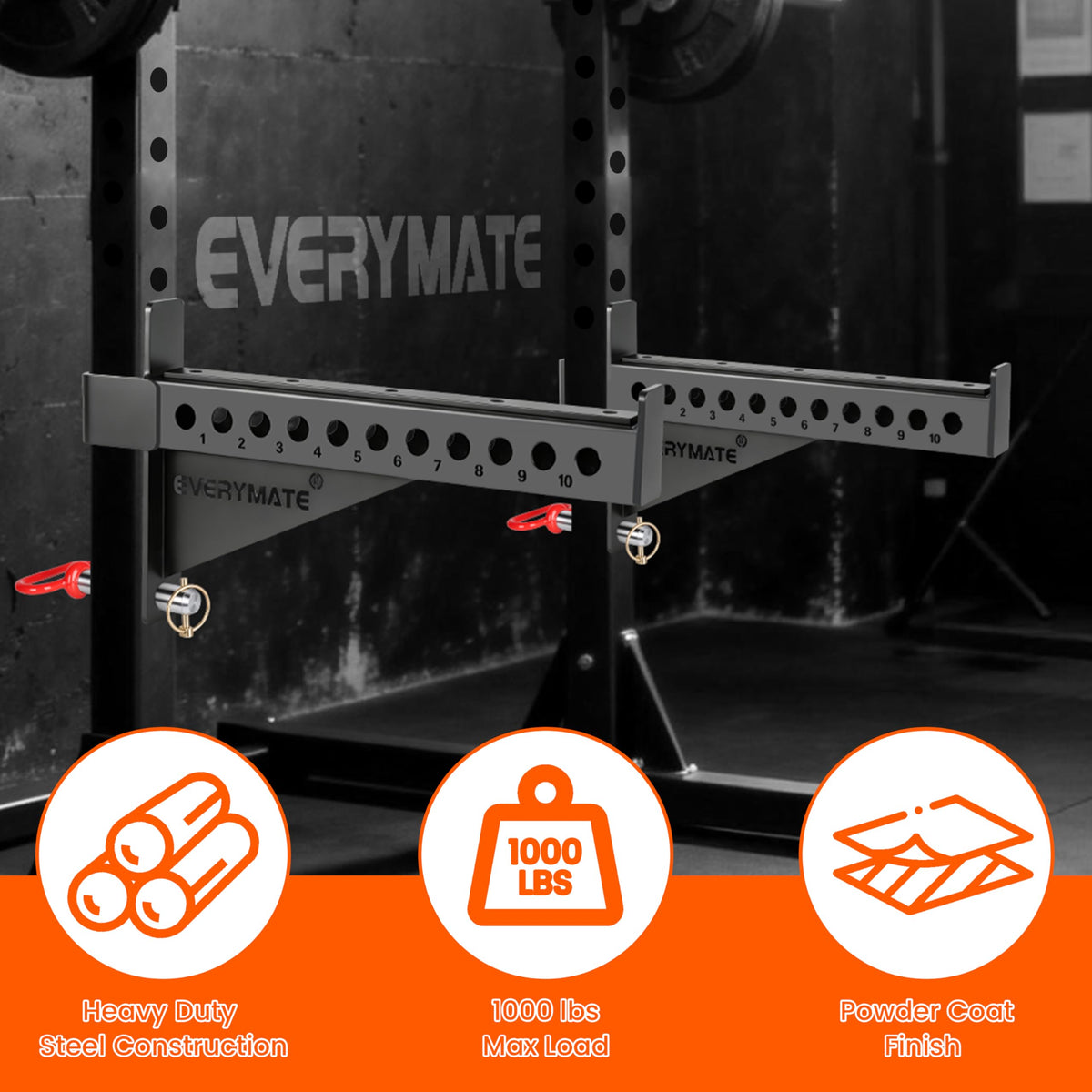 EVERYMATE Safety Spotter Arms, Fits 3"x3" Power Racks with 1" Holes, Heavy Duty 1000LBS Capacity Squat Rack Safety Bars with UHMWPads for Home/Garage Gym Strength Training, Weight is 37LB