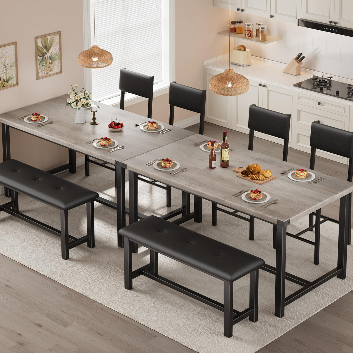 Garvee Wooden Dining Table Set for 4, Kitchen Table and 2 Upholstered Chairs with Bench, Rectangular Dining Room Set, for Small Space, Apartment, Home, Easy Assembly, Retro Gray