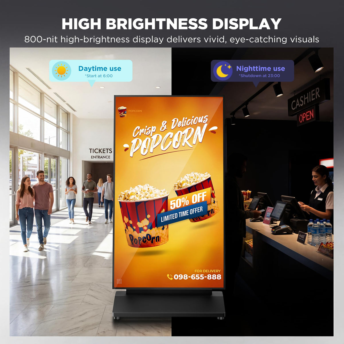 JASZDOT 43 Inch Digital Signage Display, 4K 800 Nits UHD Full Screen LCD Advertising Kiosk, Portable Floor Standing Auto AD Player Android14 App-Based Control with USB/HDMI/WiFi