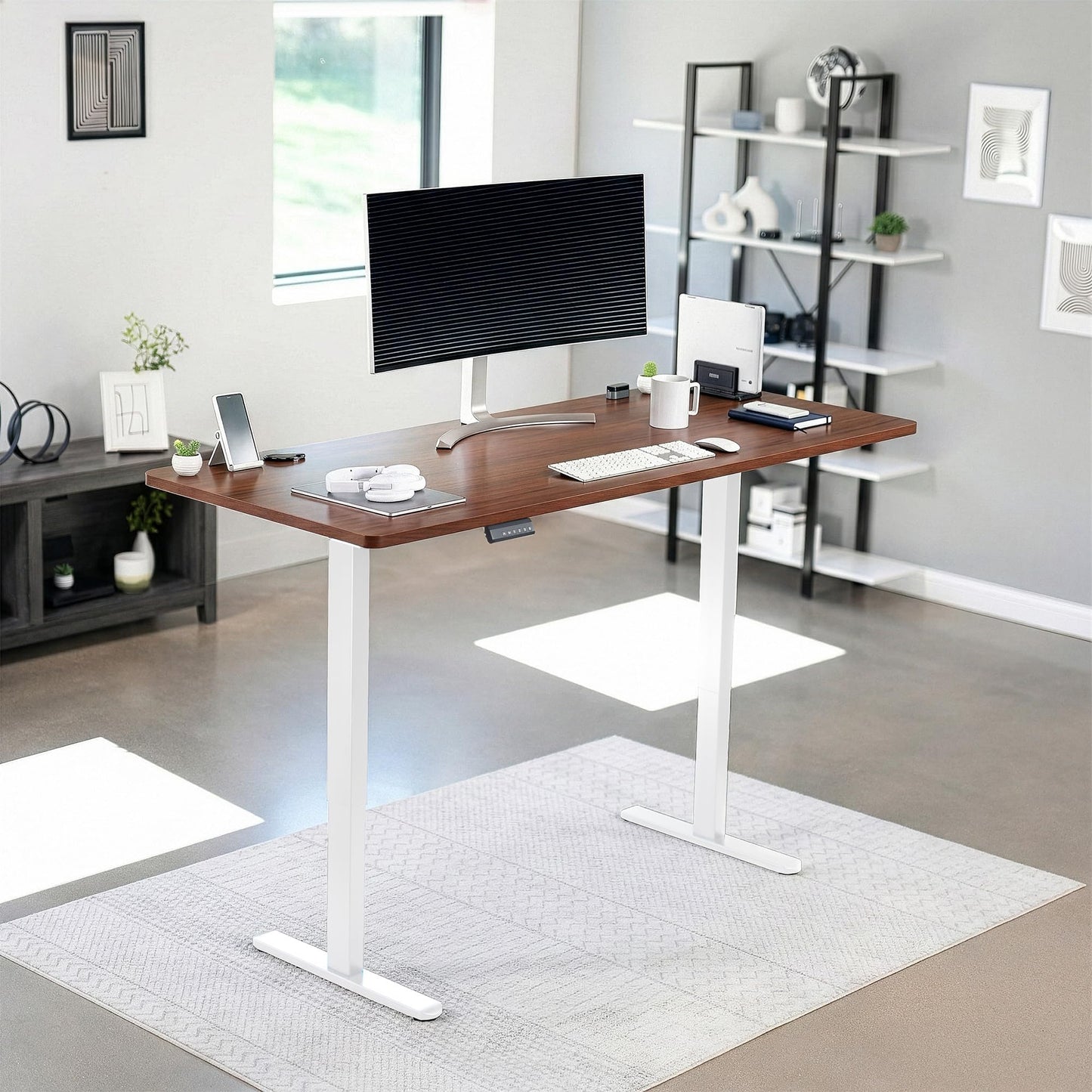 VIVO Electric 71 x 30 inch Standing Desk, Dual Motor Memory Controller Height Adjustment, E2B Series, Solid One-Piece Dark Walnut Top, White Frame, DESK-KIT-E2W71D
