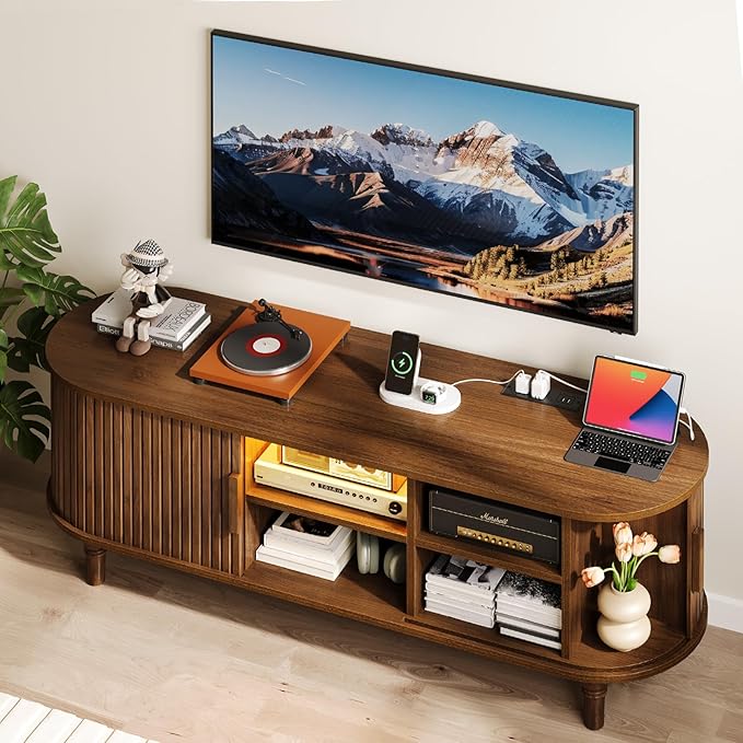 TV Console with Power Outlet-55 Entertainment Center with Sliding Tambour Door