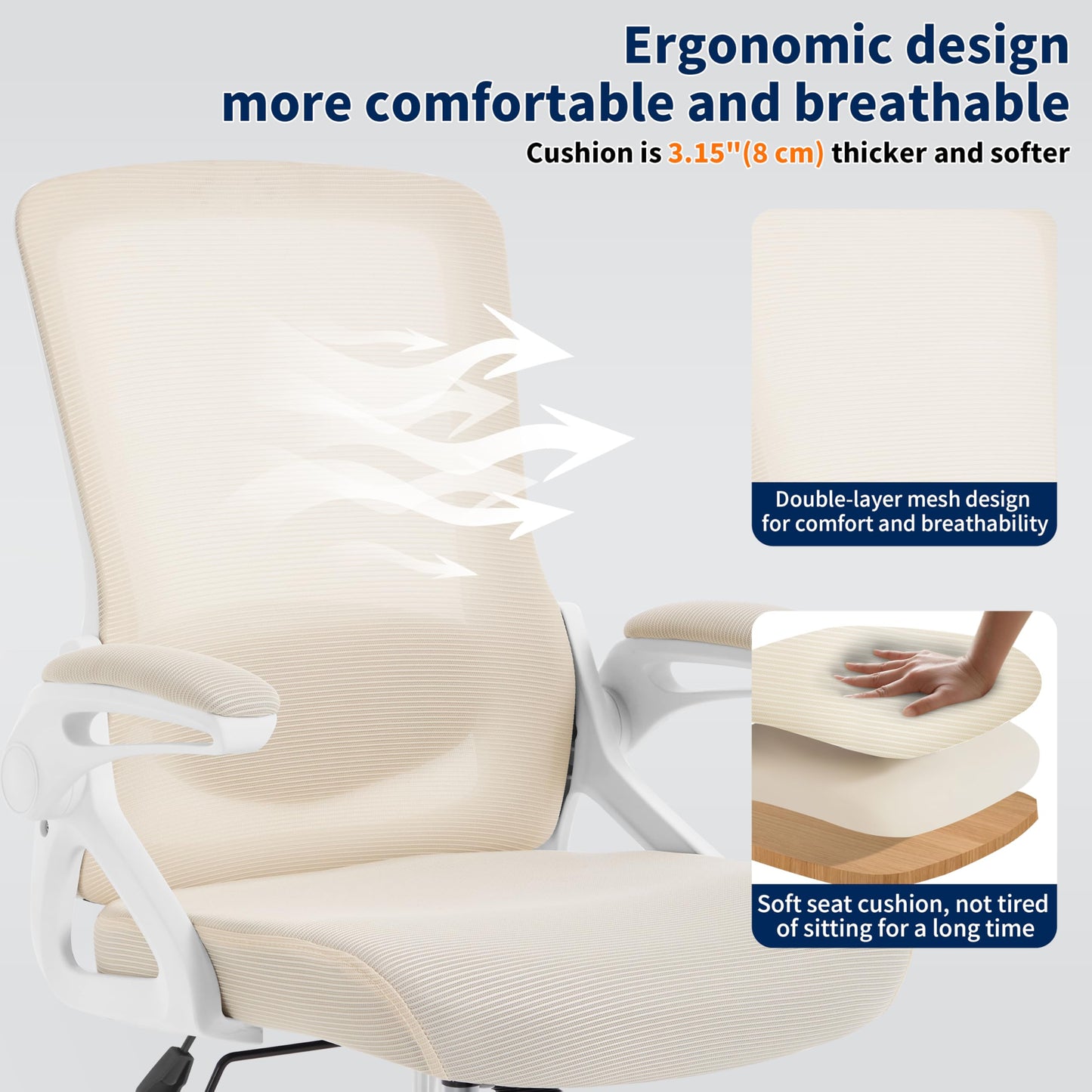 Ergonomic Office Chair, Desk Chair with Adjustable Lumbar Support, Breathable Mesh Comfy Computer Chairs with Flip-up Armrests Executive Task Chair for Adults Home Office (Buff Beige)