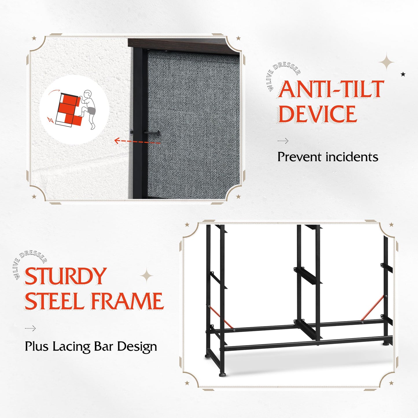 WLIVE Dresser for Bedroom with 6 Drawers, Closet Dresser with Fabric Bins, Chest of Drawers for Closet, Living Room, Hallway, Dark Grey