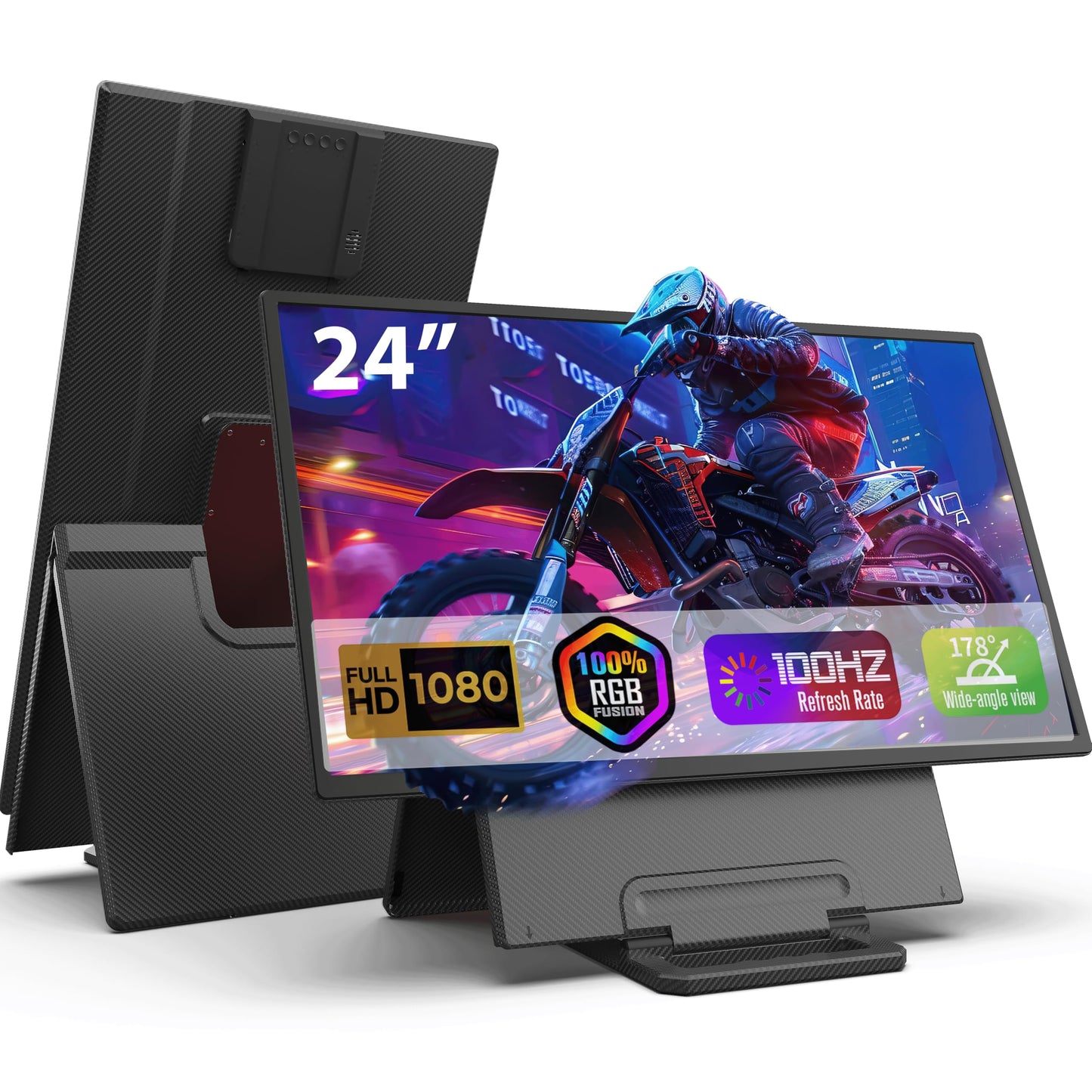 24" Large Portable Monitor, 1080P FHD 100Hz IPS Monitor, Height-Adjustable & Rotatable Screen(Horizontal/Vertical), Built-in Speakers, Requires Wall Outlet, Travel Monitor for Laptop / MacBook / PC