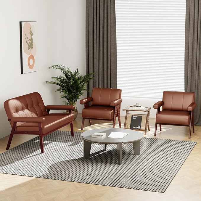 STHOUYN Brown Leather Accent Chairs, Mid Century Modern Chair, Side Arm Chairs