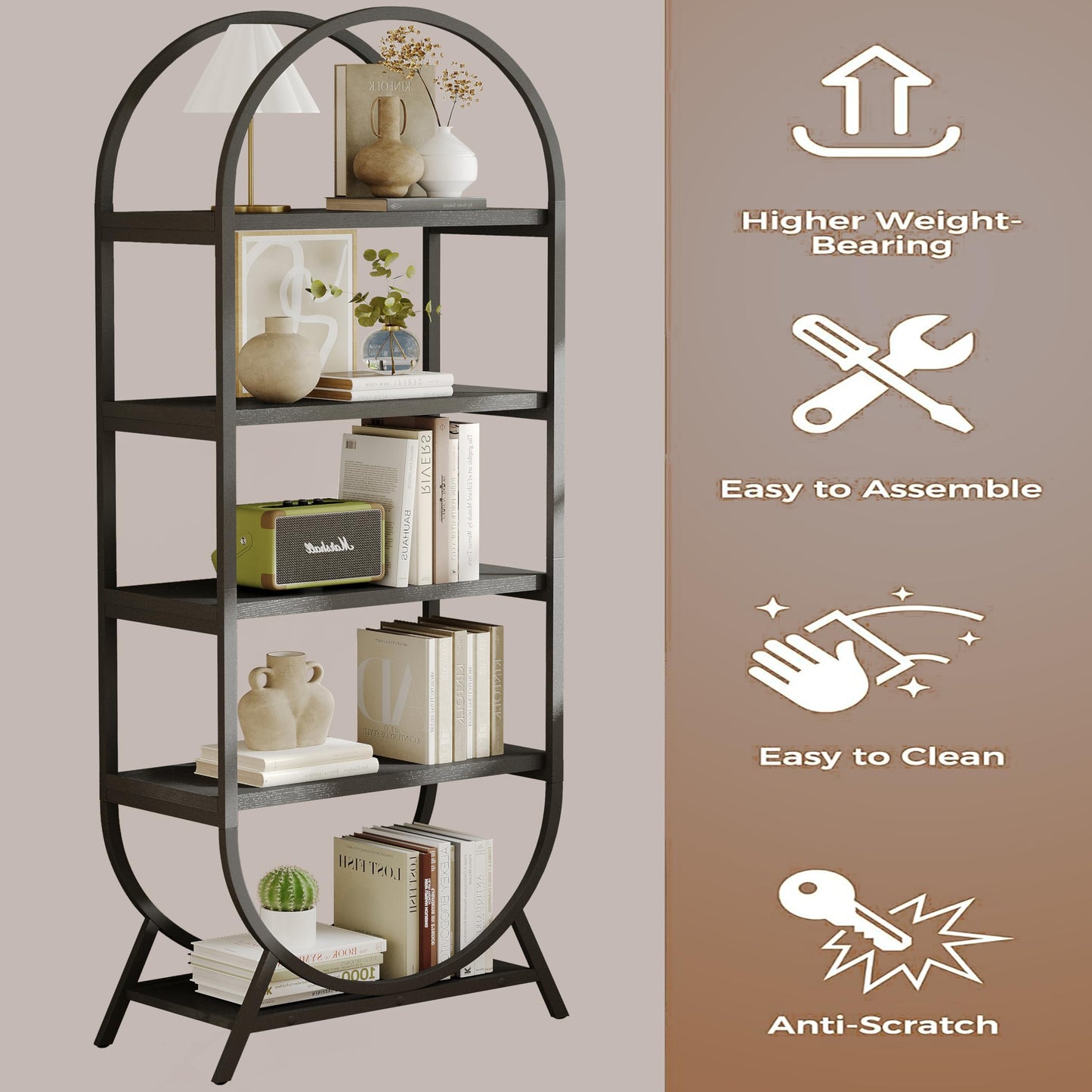 BIASUNS Arched Bookshelf,5-Tier Tall Wide Open Bookshelf,Modern Brown Storage Bookshelves, Freestanding Display Rack Shelving Unit for Office, Bedroom, Living Room, Easy Assembly, Black