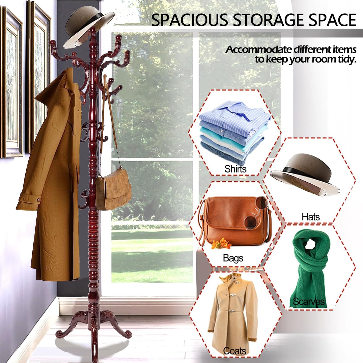 Sauqzoh Coat Racks Free Standing with 14 Hooks, Natural Wood Coat Stands for Entryway, Adjustable Height 73 in Tree Coat Rack Stand for Hallway Home Office Bedroom (Mahogany triangle)
