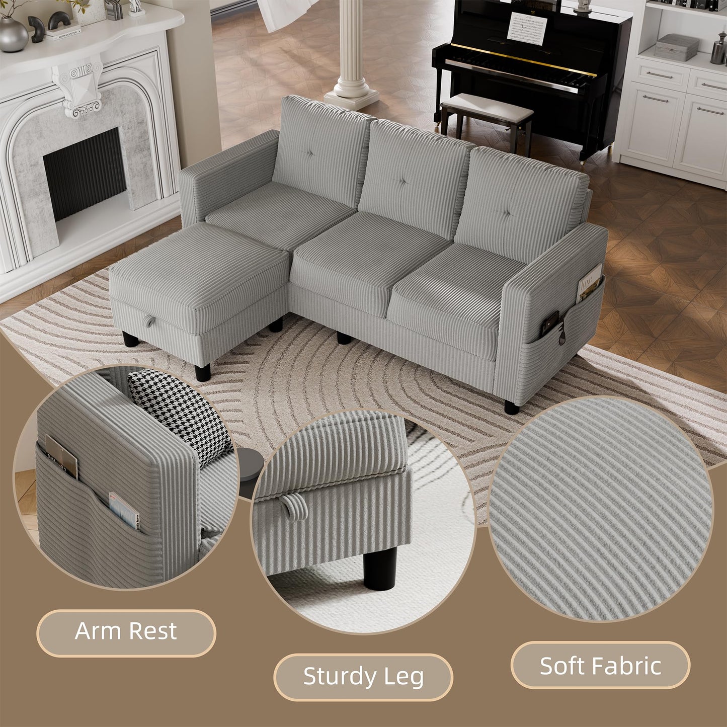 Convertible Sectional Sofa with Storage Ottoman, 77” L-Shaped 3-Seat Couch with Skin-Friendly Corduroy Fabric, Reversible Small Sectional for Small Space, Apartment, Living Room and Office (Grey)