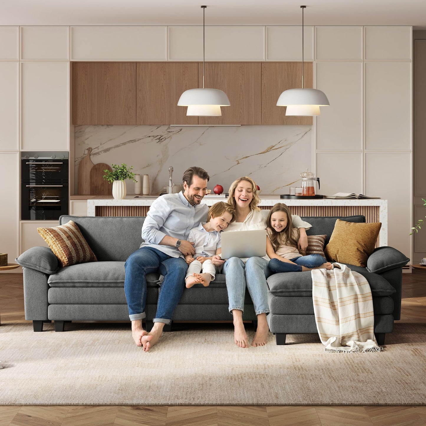LINSY HOME 123" Modular L-Shaped Sectional Sofa, 3-Seat Corduroy Modern Cloud Couch with Deep Seat & 1 Movable Ottoman, Perfect for Living Room, Office, Bedroom, Grey