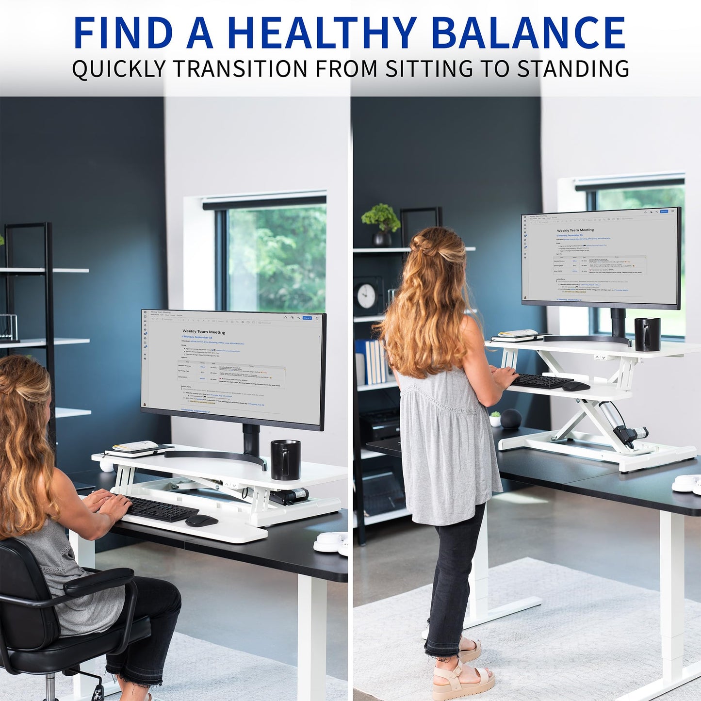 VIVO 36 inch Electric Motor Desk Converter, Height Adjustable Riser, Sit to Stand Dual Monitor and Laptop Workstation with Wide Keyboard Tray, White, DESK-VE36W