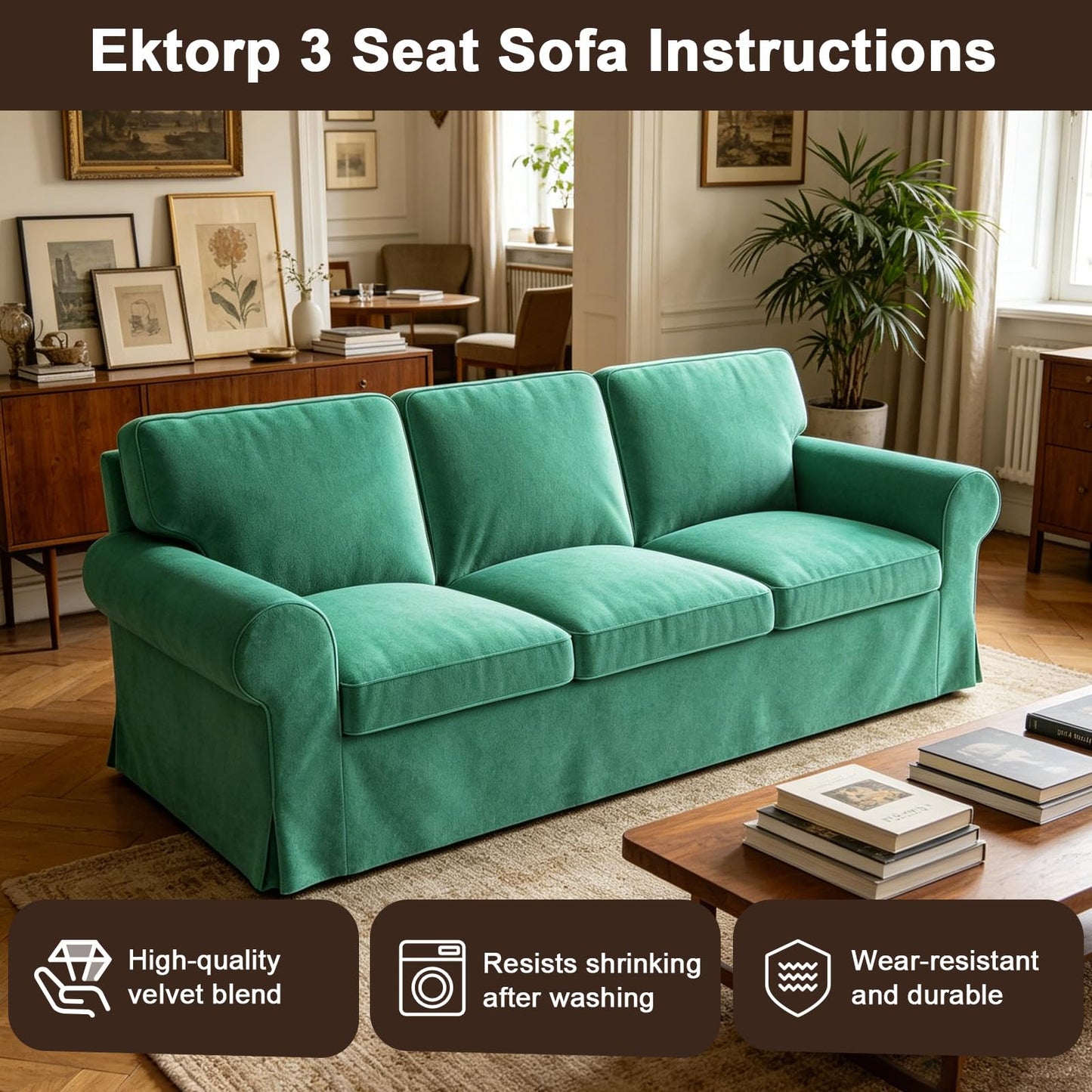 Velvet Pet-Friendly Replacement Sofa Cover Compatible for IKEA Ektorp 3 Seat Sofa Slipcovers, Couch Cover Only, 7-Piece Slipcover, Cyan, Couch Cover Not Include The Sofa Body