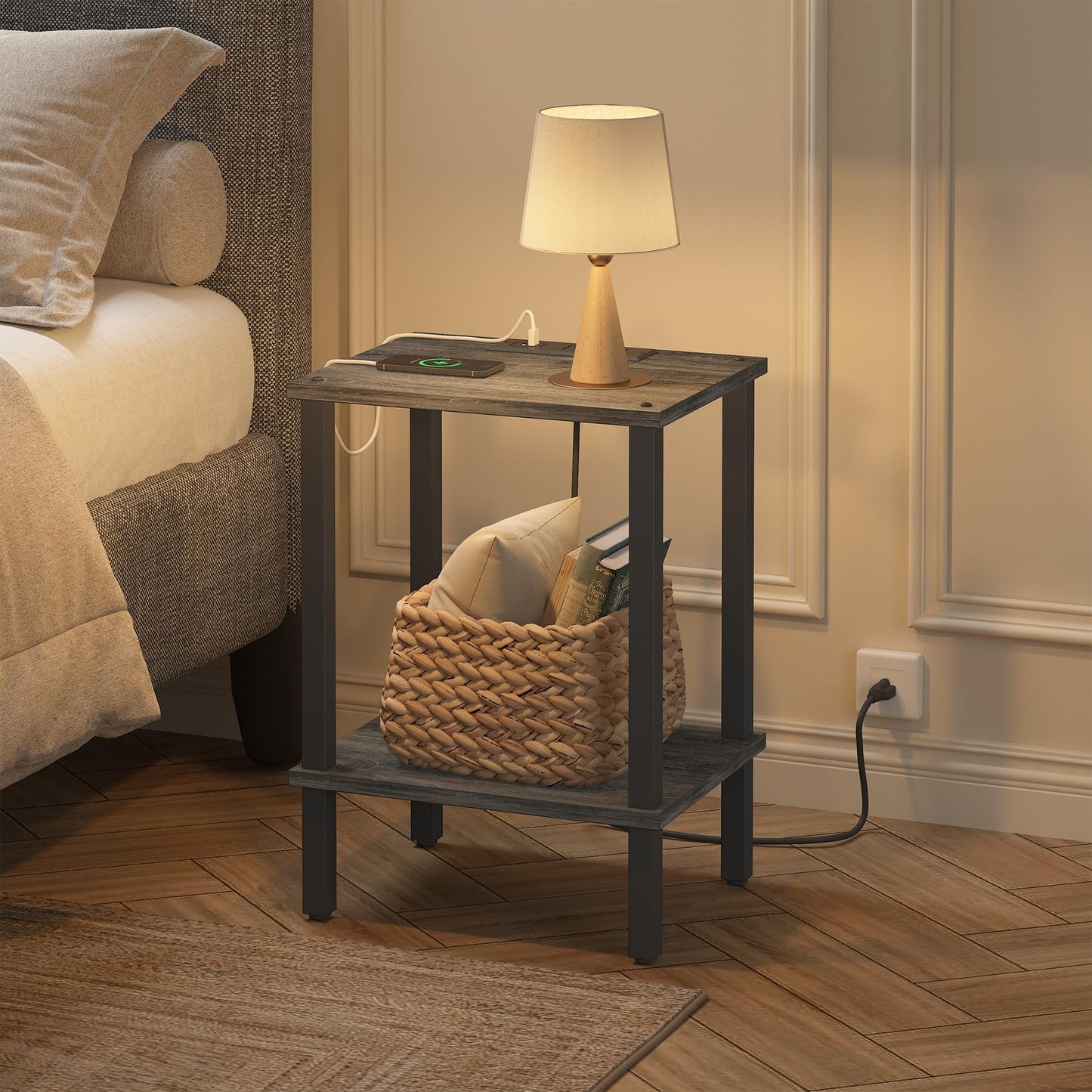 TUTOTAK End Table with Charging Station, Small Side Table with Outlets, Nightstand Bedside Table, 2-Tier Storage Shelf for Small Space, Living Room, Bedroom, Charcoal Grey TB01BY040