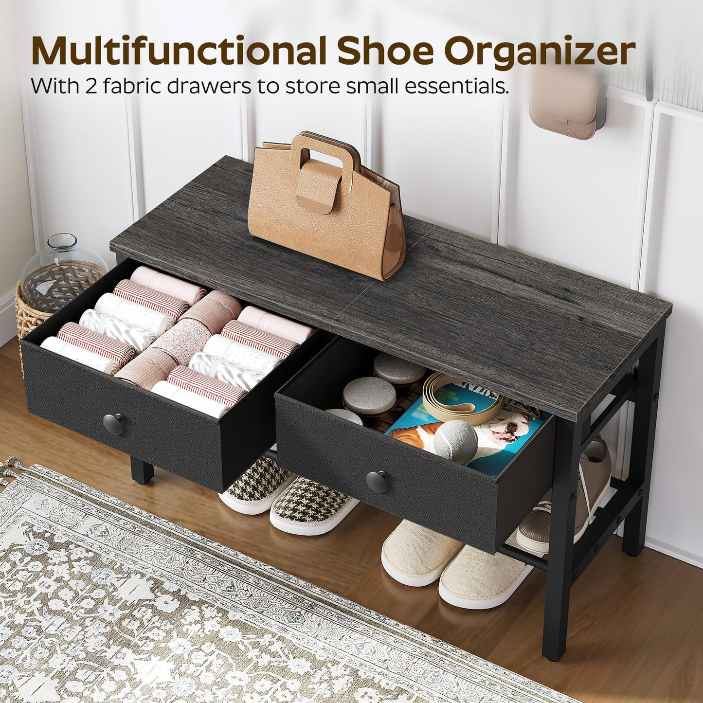 YATINEY Hall Tree with Bench and Shoe Storage, Entryway Bench with Coat Rack, 4-in-1 Coat Rack Shoe Bench, Multifunctional, for Front Door, Hallway, Foyer, Charcoal Grey and Black MT05BC