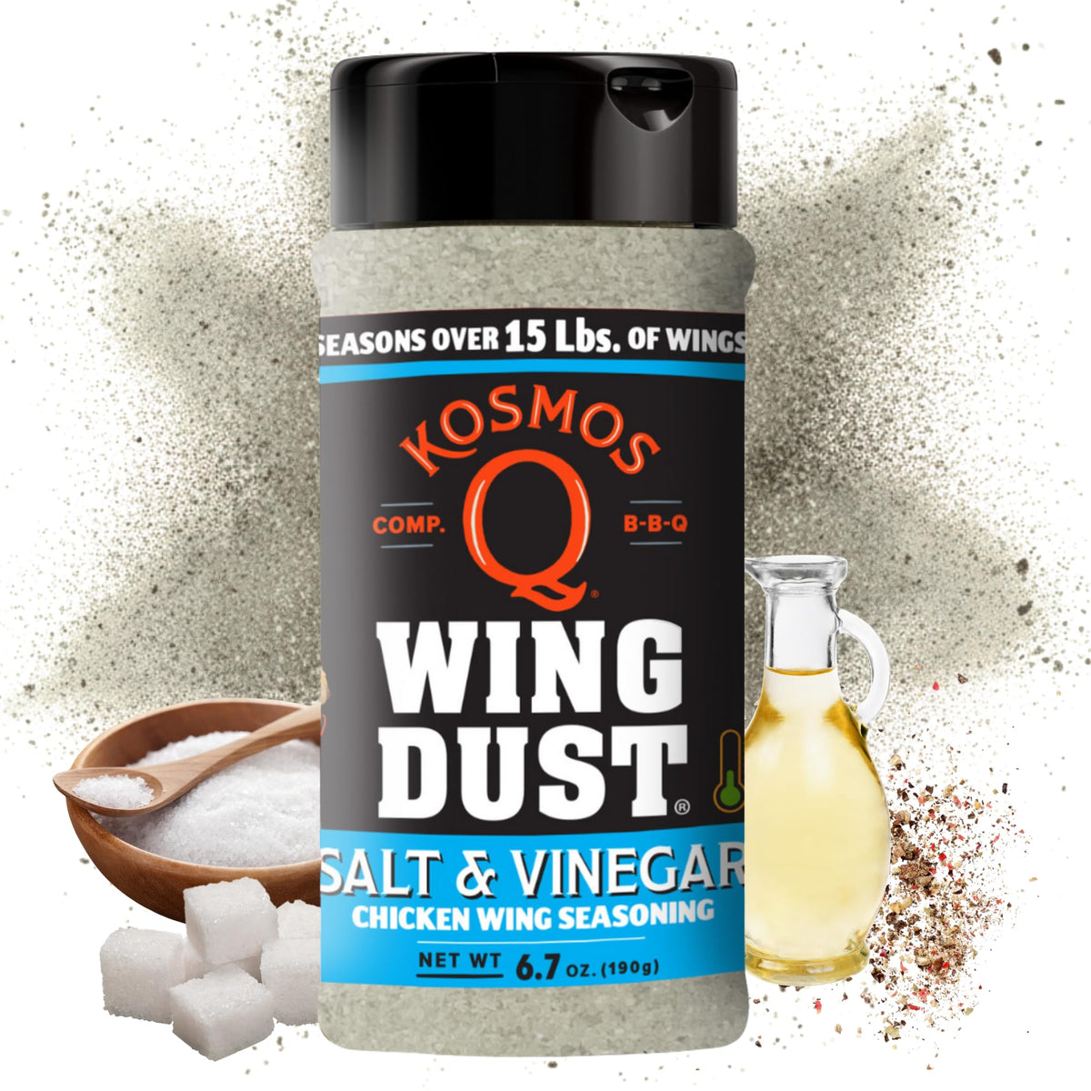 Kosmos Q Salt & Vinegar Wing Dust, Father’s Day Gift, Salt & Vinegar Seasoning for Wings, Popcorn, Fries & More, Tangy Dry Rub Dust for Chicken, Snacks & Vegetables, Gluten Free, 8 Oz Shaker Bottle