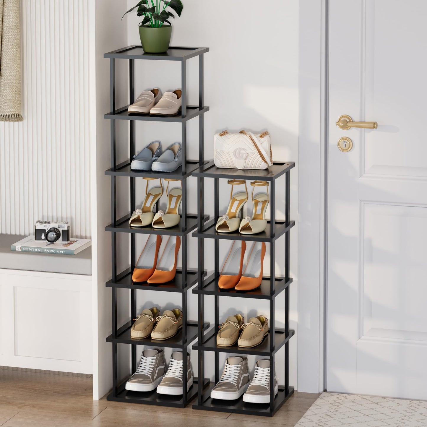 Vertical Tall Shoe Rack Organizer for Entryway -12 Tier Free Standing Slim Narrow Bamboo Wood Corner Stackable Shoe Boots Storage Stand Small Spaces for Closet Garage Cloakroom Living Room (Black)
